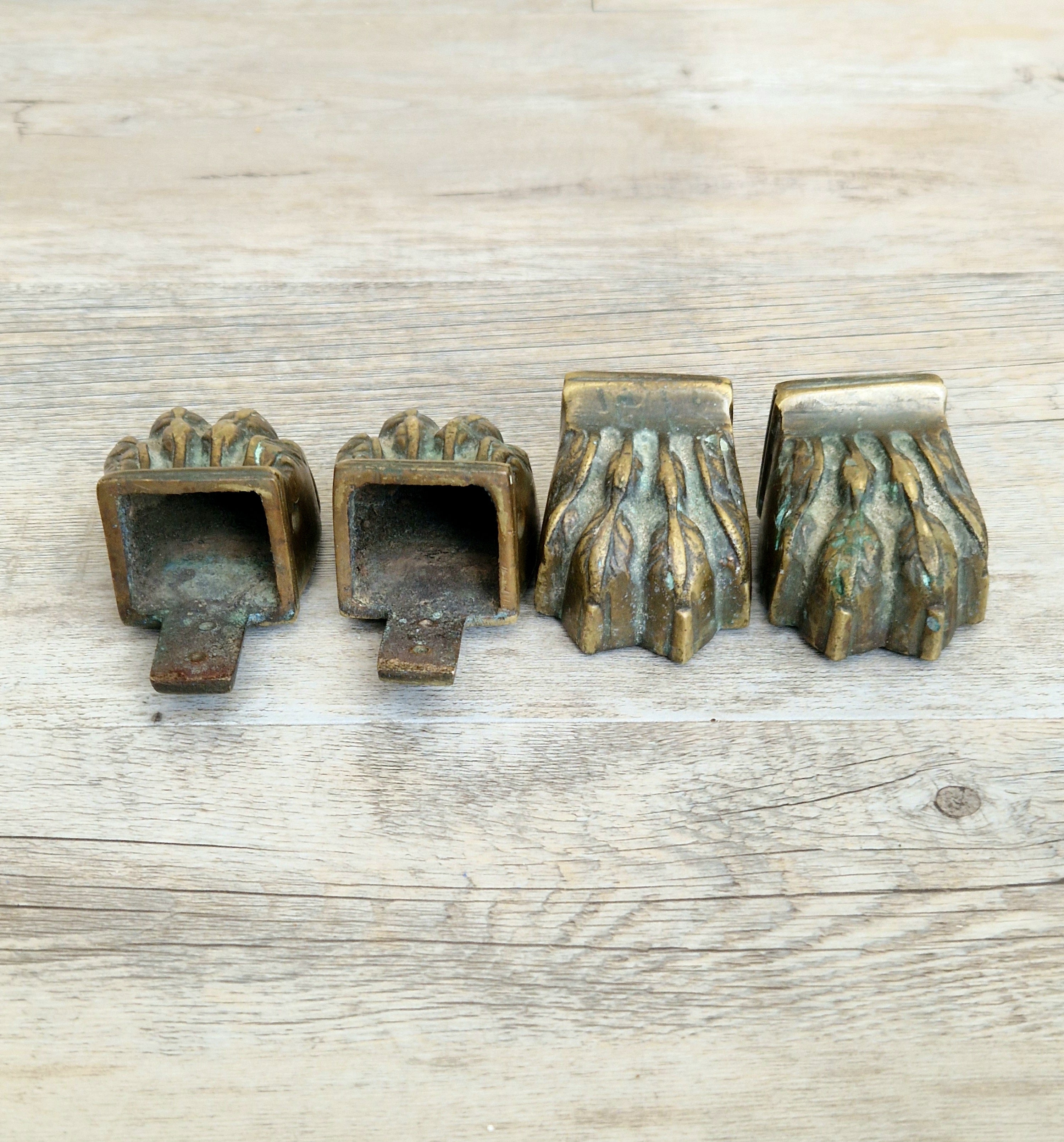 Rare 1800-1850 Heavy Sand-Cast Brass Lion Paw Feet, Set of 4 Antique Claw Foot Leg Caps for Pedestal Table etc Restoration