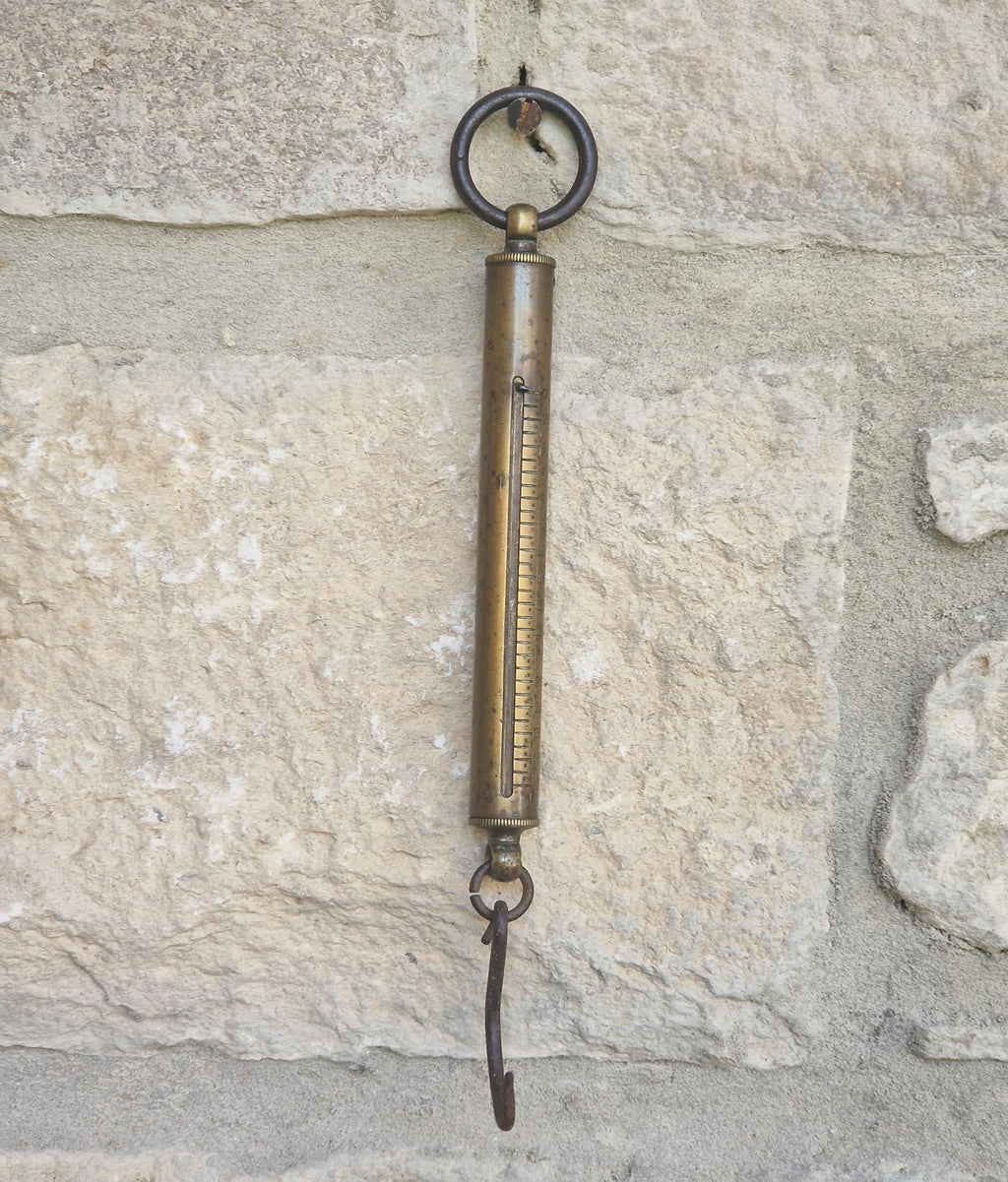 Antique Tubular Brass Spring Balance Scale Hanging Pocket Cylindrical Pocket Scales Working