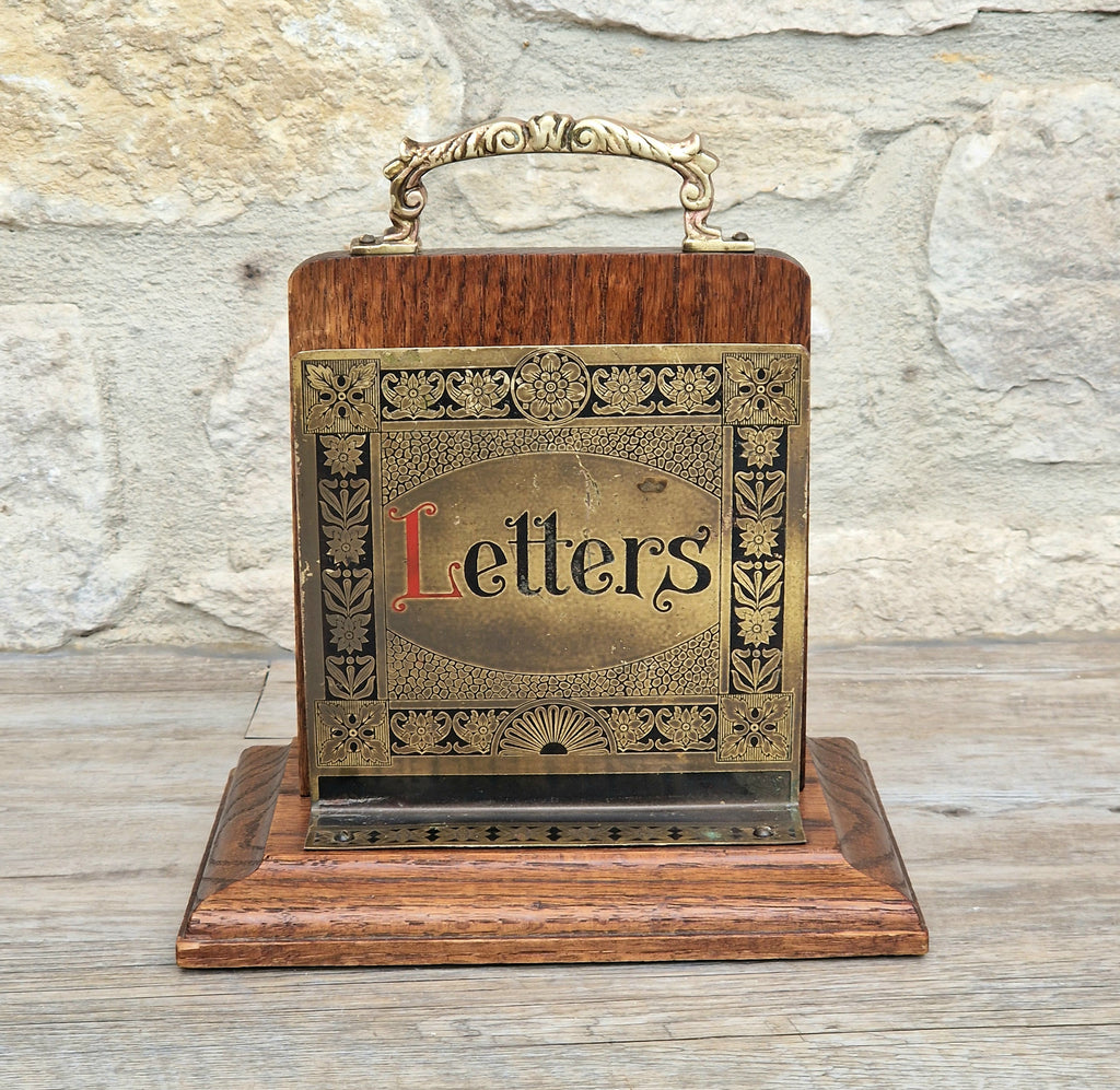 Antique Arts & Crafts Brass And Quarter Sawn Oak Gentleman's Handled Double Letter Rack Stand