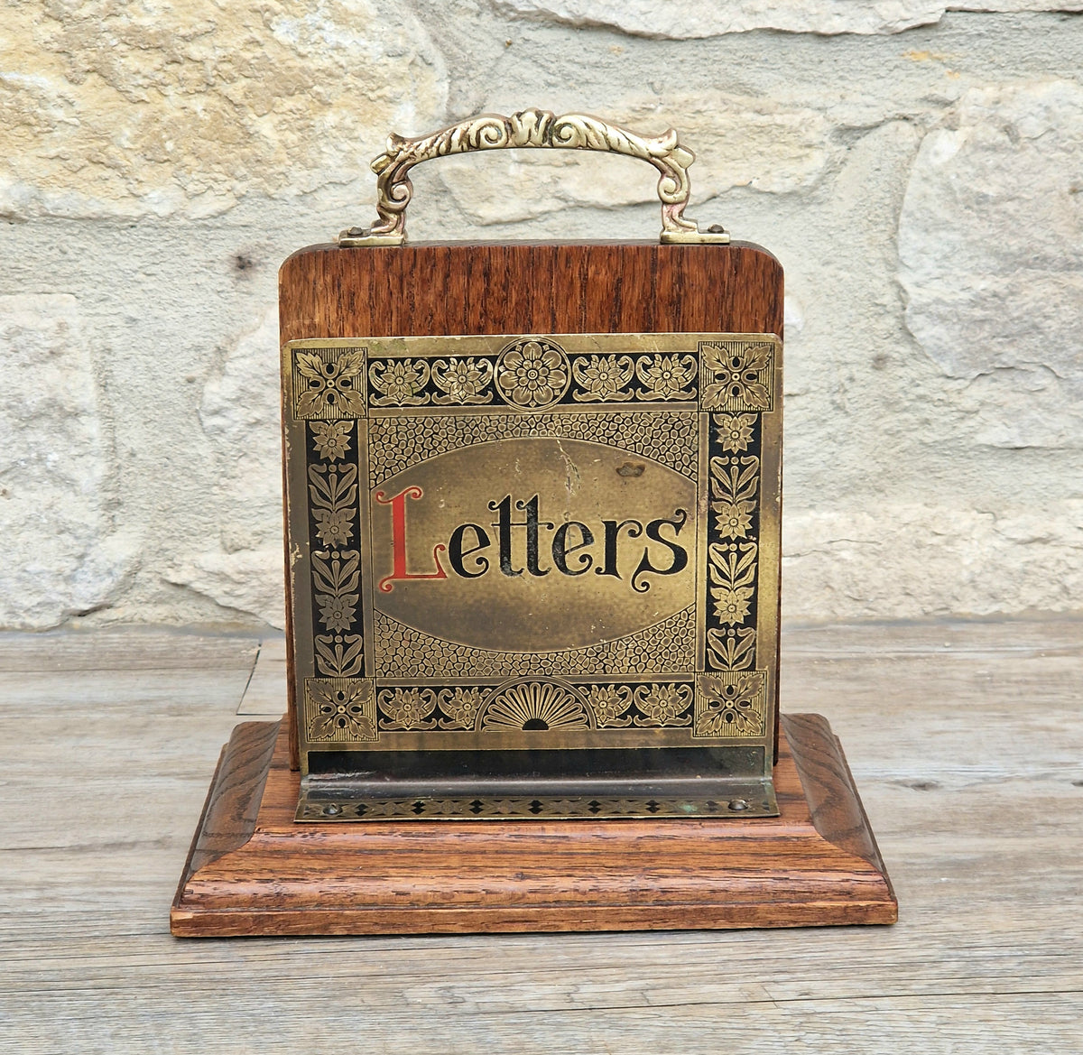 Antique Arts & Crafts Brass And Quarter Sawn Oak Gentleman's Handled Double Letter Rack Stand