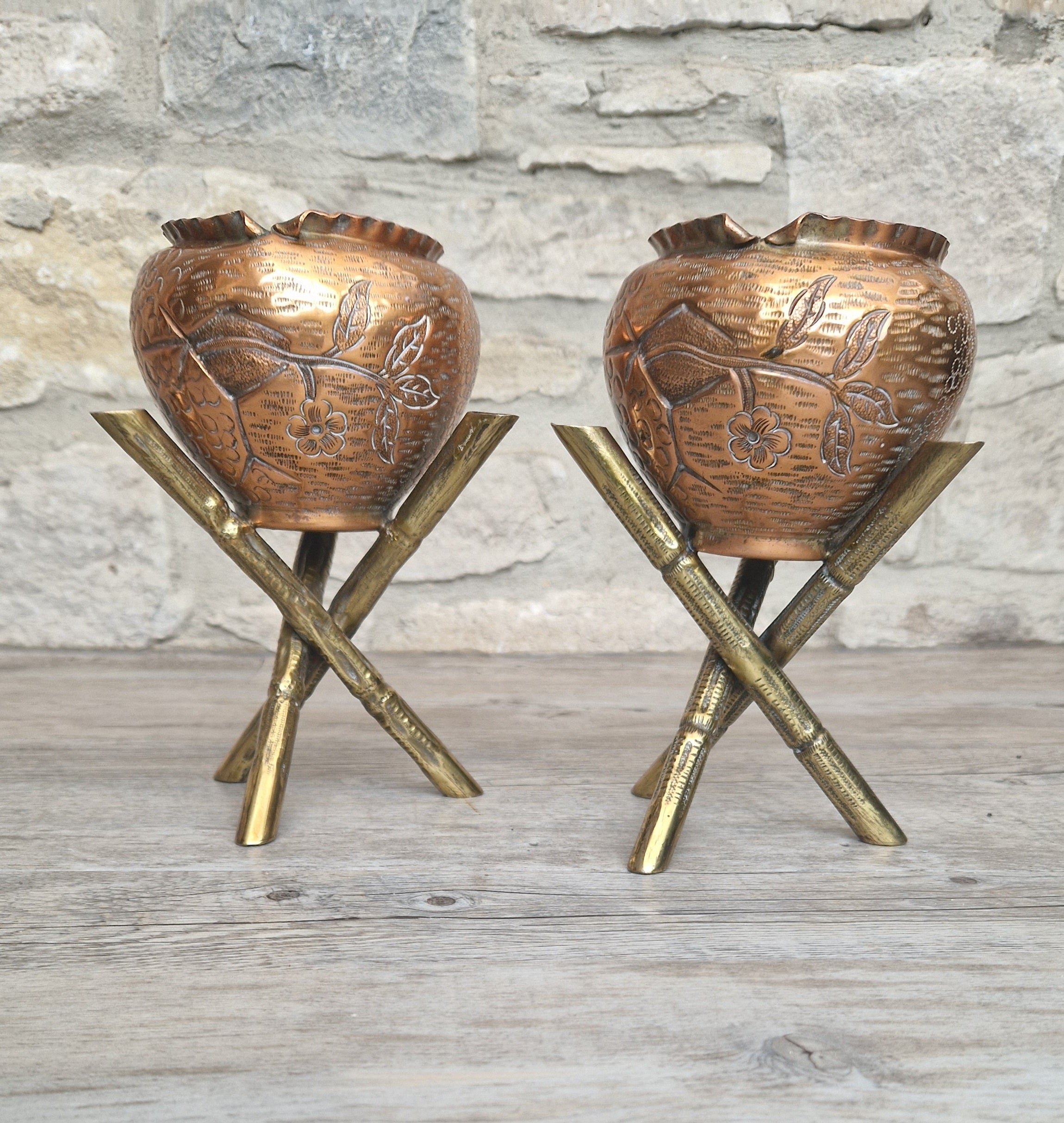 Pair of Antique Japanese Aesthetic Movement Arts & Crafts Copper And Brass Faux Bois Jardinieres