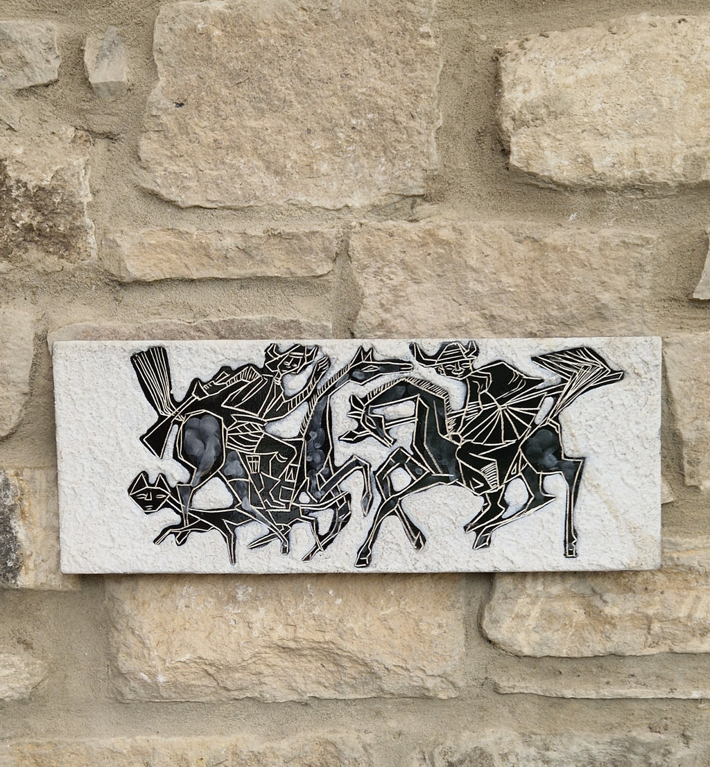 Mid-Century Italian Ceramic Art Plaque Warriors On Horseback Glazed Textured Art