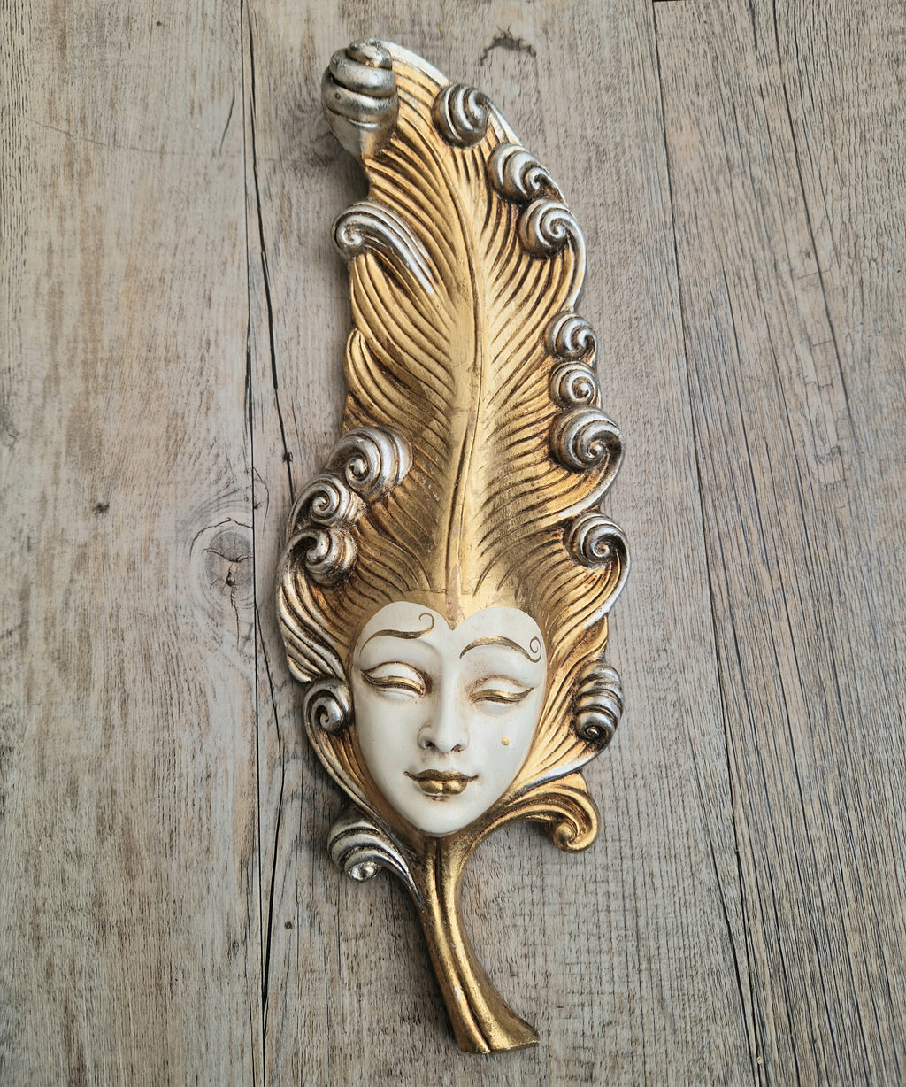 Vintage Venetian Wall Mask Feather Leaf Ceramic Gold Silver Made Italy 38cm Long