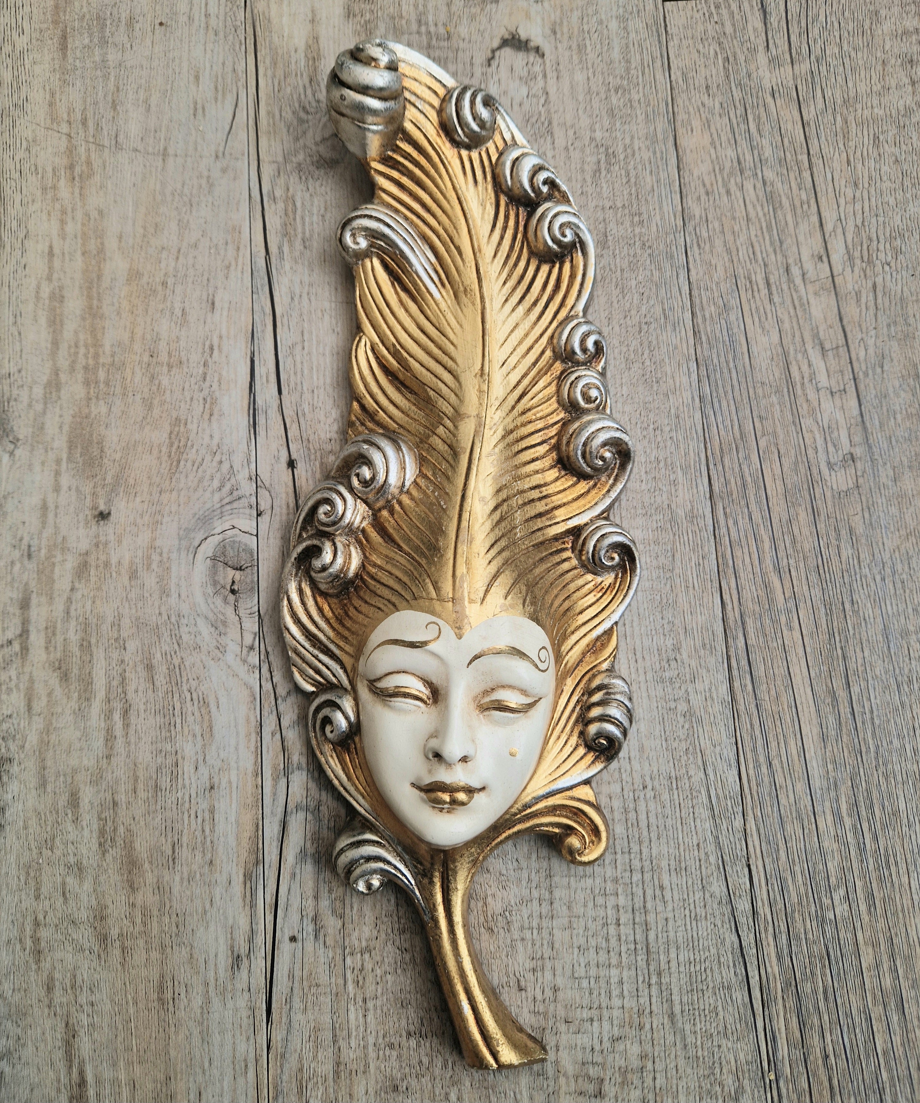 Vintage Venetian Wall Mask Feather Leaf Ceramic Gold Silver Made Italy 38cm Long