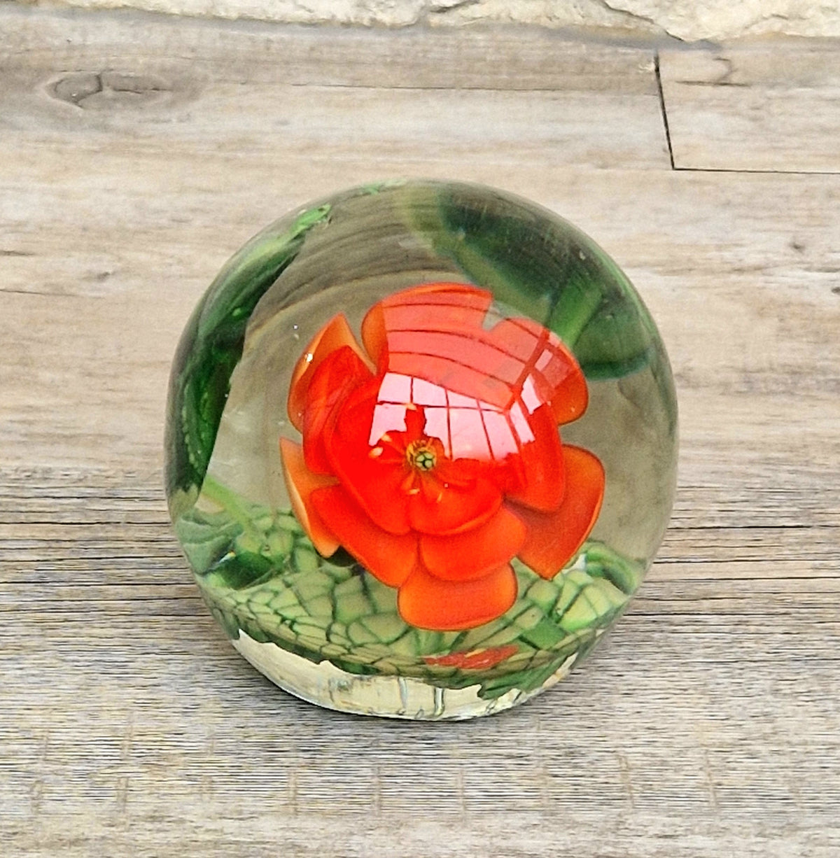 Vintage Giant Magnum Red Flower & Frogs Art Glass Sphere Ball Paperweight 9.5cm 1.4kg