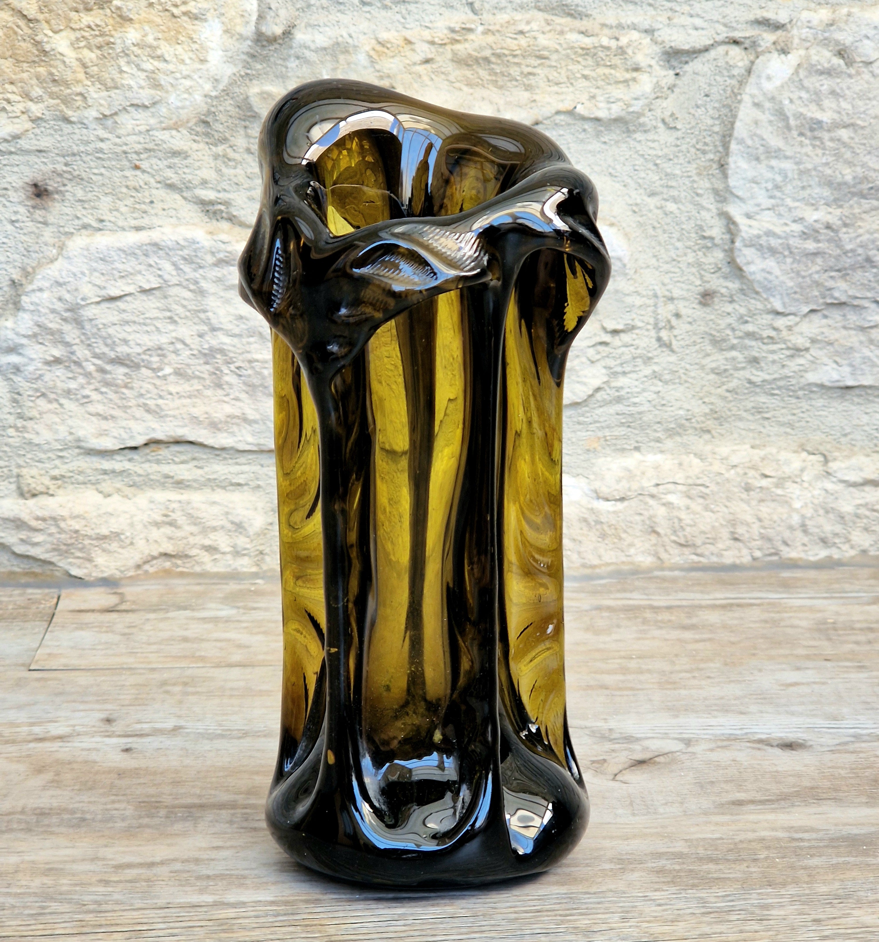 Vintage 1970s Polish Wołomin Hand Blown Smoked Amber Art Glass Pulled Freeform Ribbed Vase Rare Piece