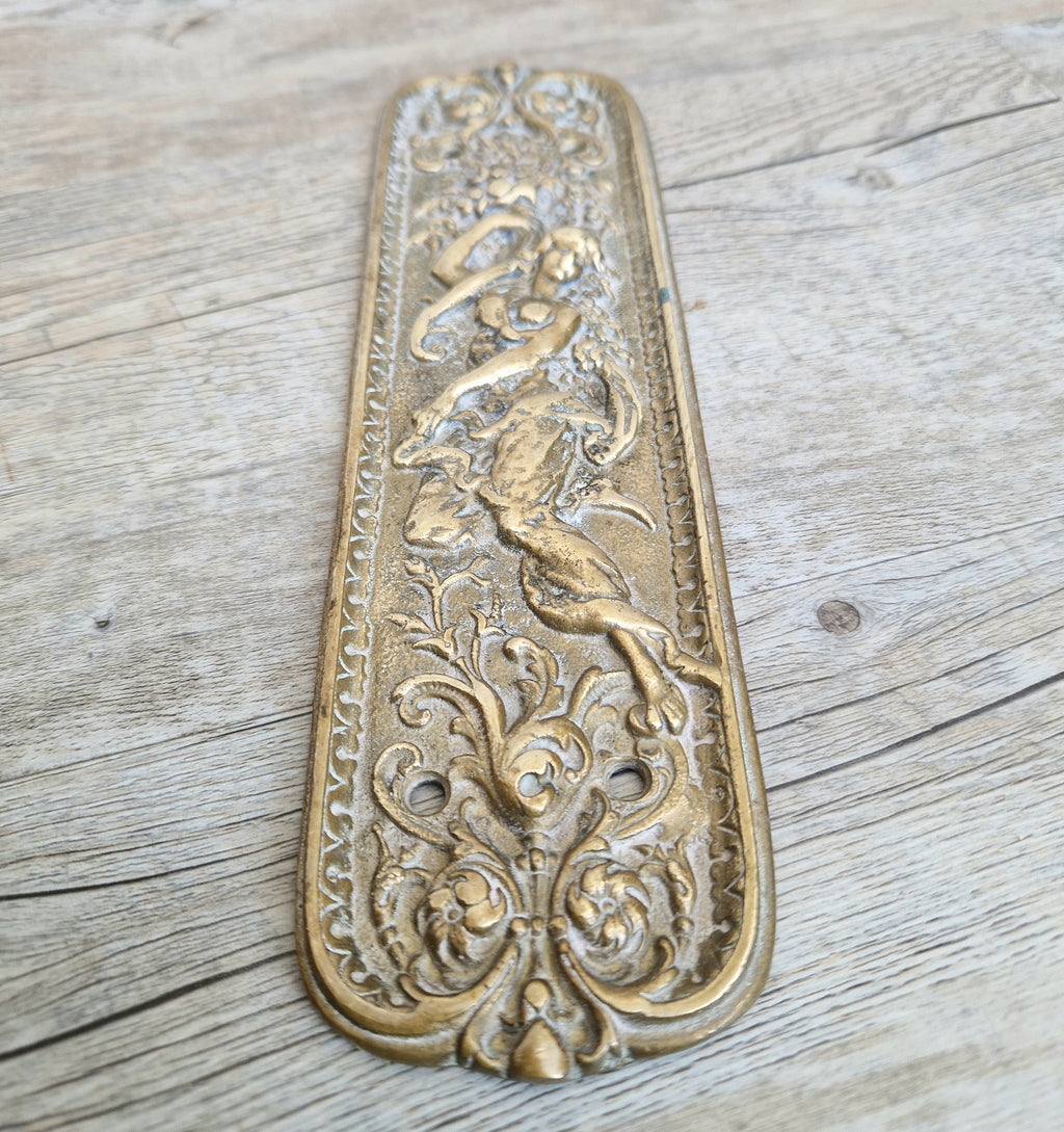 Cast Brass Art Nouveau Figural Relief Large Door Push Finger Plate Antique