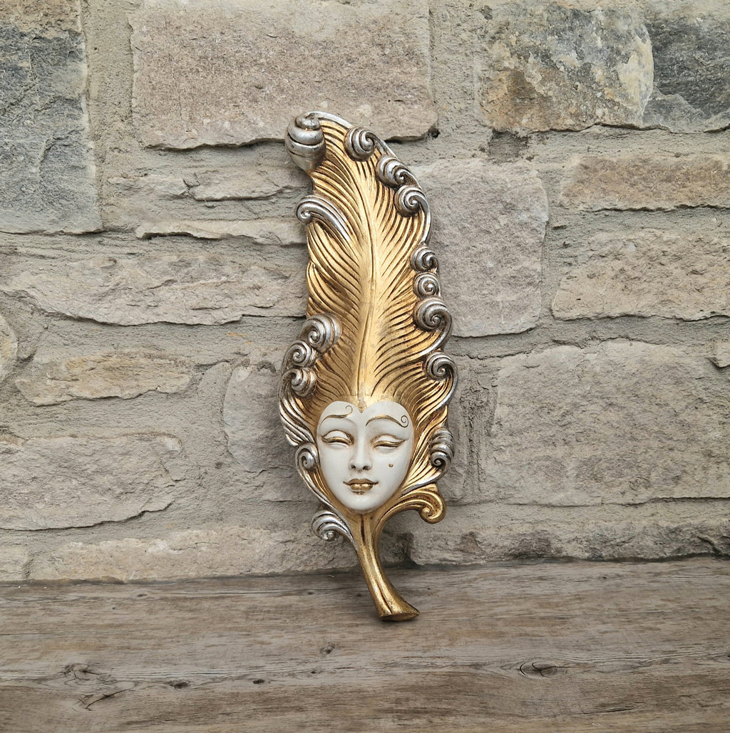 Vintage Venetian Wall Mask Feather Leaf Ceramic Gold Silver Made Italy 38cm Long