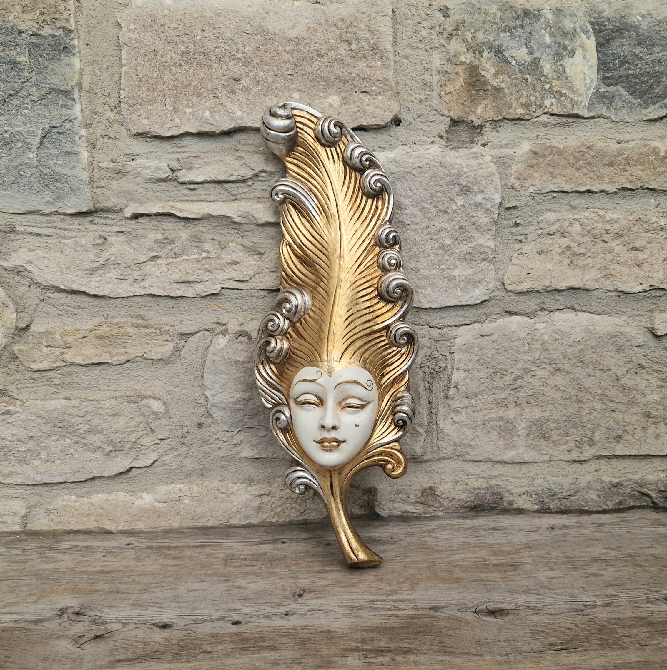 Vintage Venetian Wall Mask Feather Leaf Ceramic Gold Silver Made Italy 38cm Long