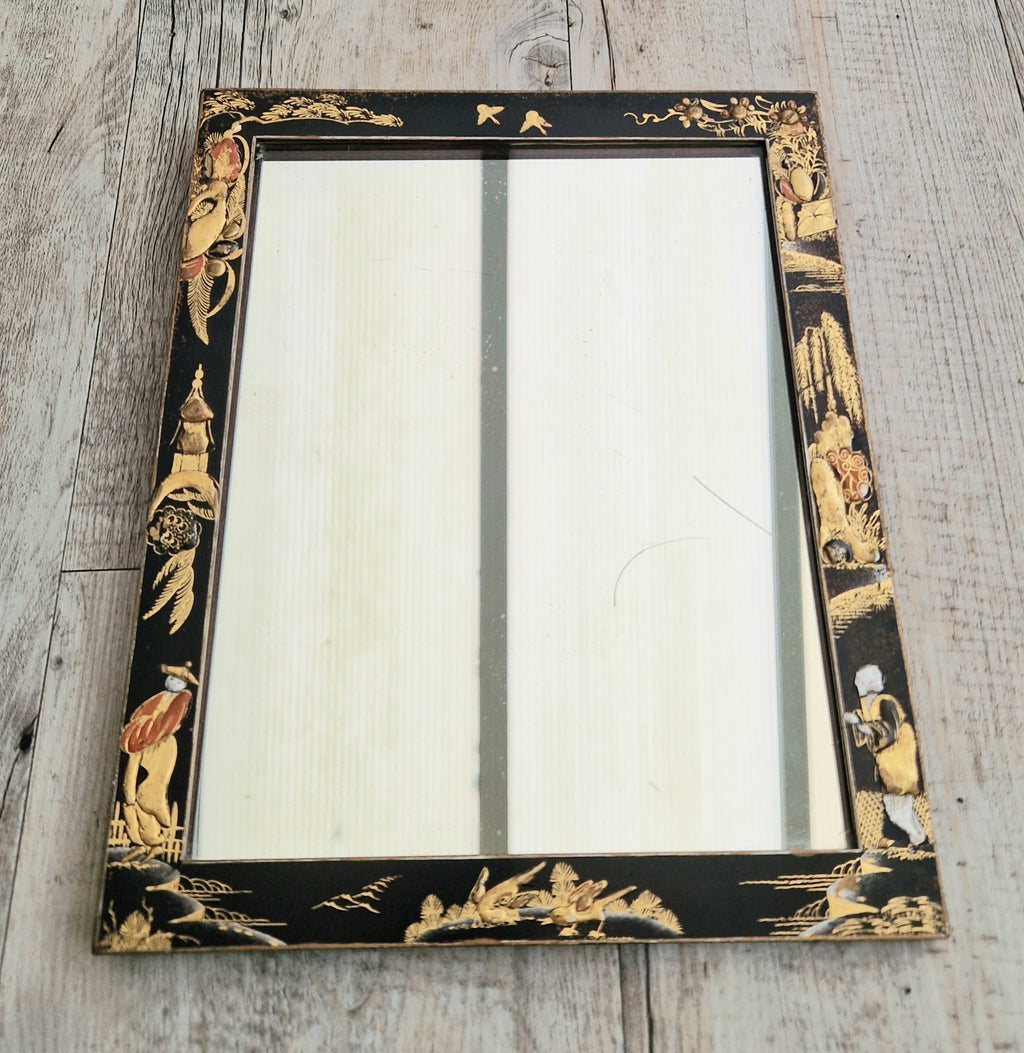Antique Edwardian Chinoserie Black & Gilt Japanned Rectangular Wall Mirror