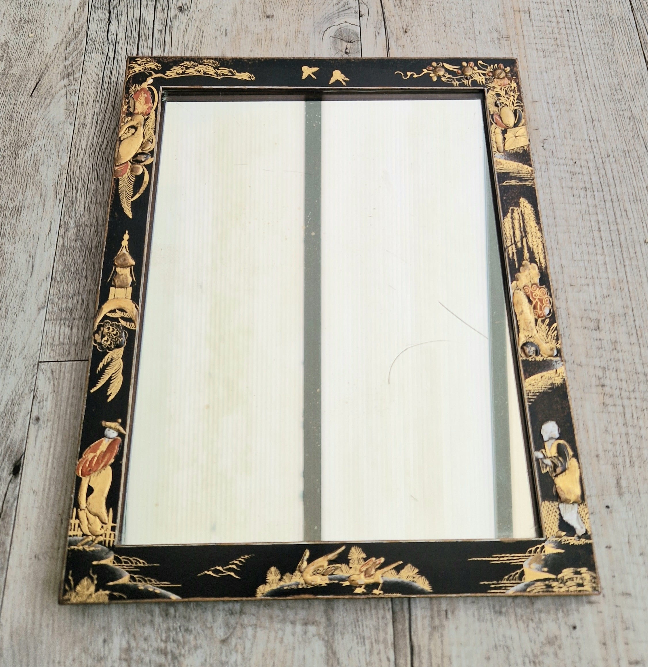 Antique Edwardian Chinoserie Black & Gilt Japanned Rectangular Wall Mirror