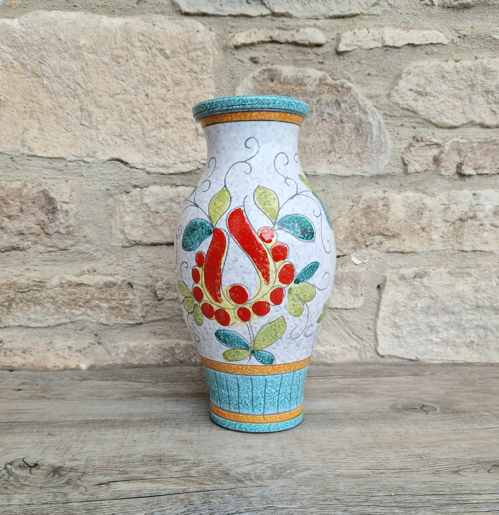 Vintage Large Italian Ceramic Floral Majolica Vase Sgraffito Technique Fratelli Fanciullacci 26cm Tall