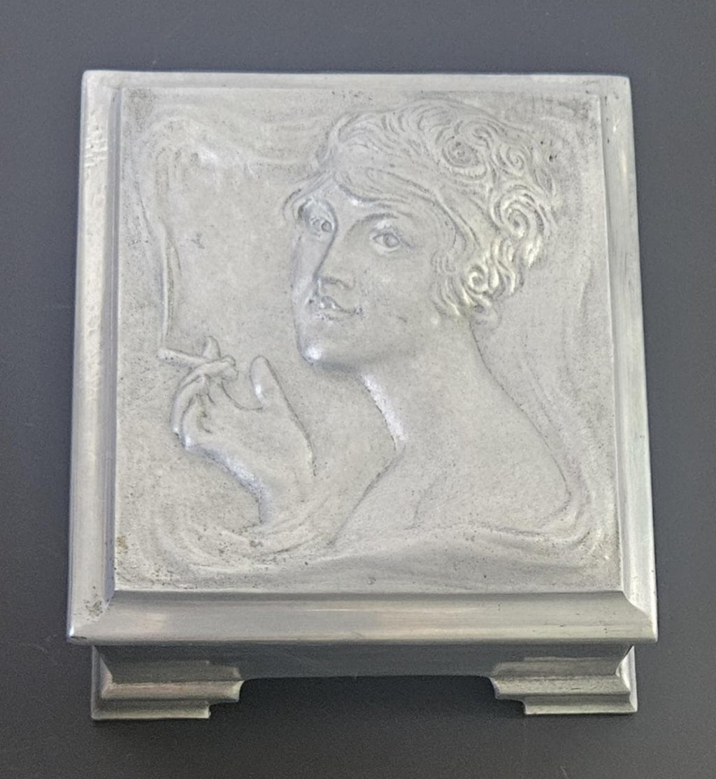 Art Nouveau Lady Aluminium Lidded Box Made in London England Stamped (1905-1924) 13.5cm Square X 6.5cm Tall Arts and Crafts Box