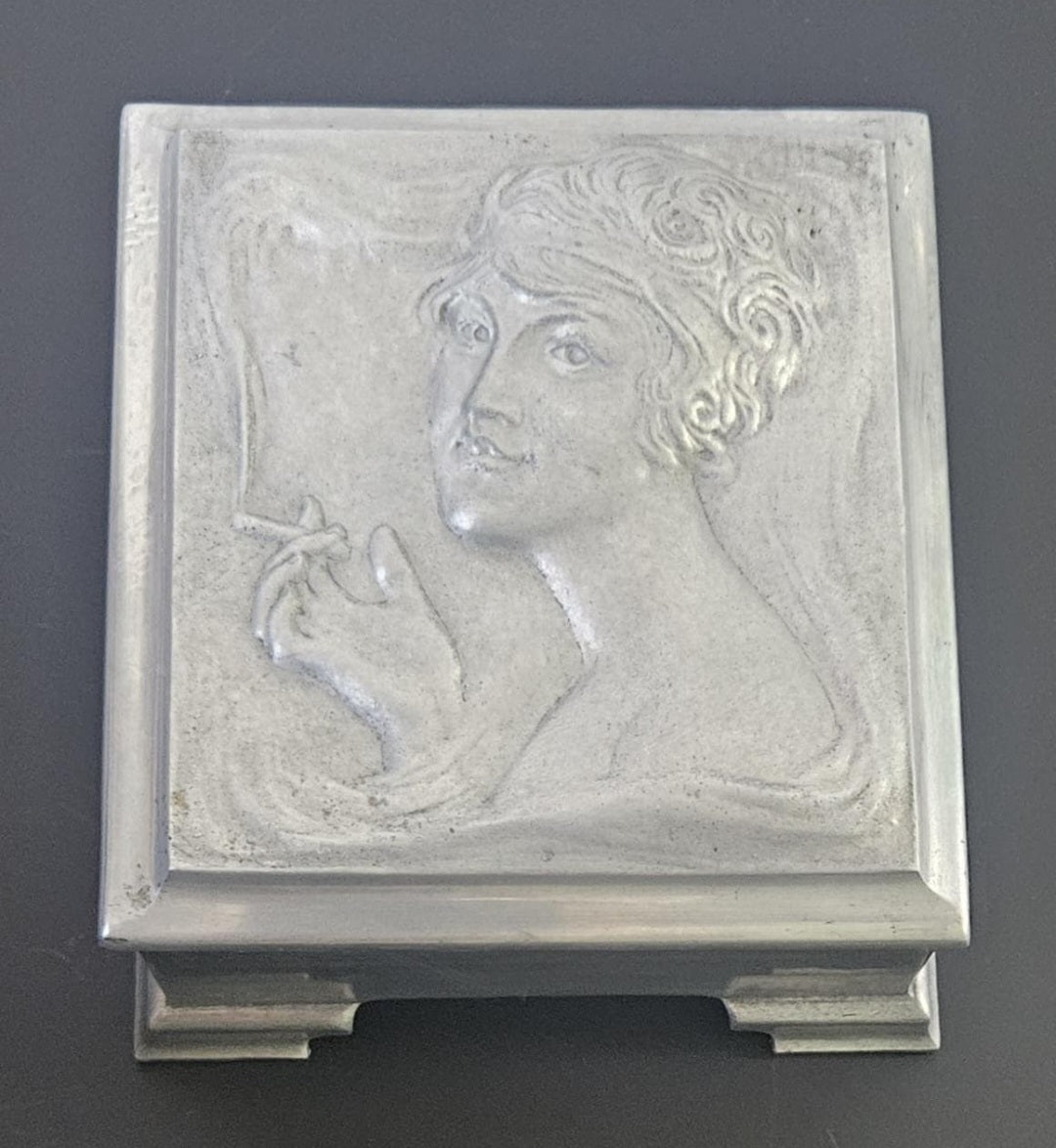 Art Nouveau Lady Aluminium Lidded Box Made in London England Stamped (1905-1924) 13.5cm Square X 6.5cm Tall Arts and Crafts Box