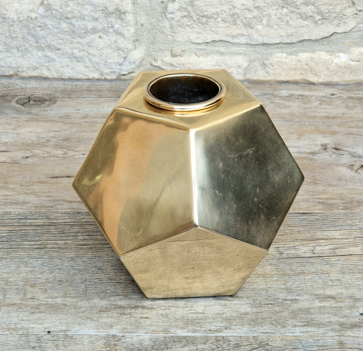 Antique Geometric Brass Dodecahedron Vase Secessionist Jugendstil Planter With Copper Removable Insert Liner
