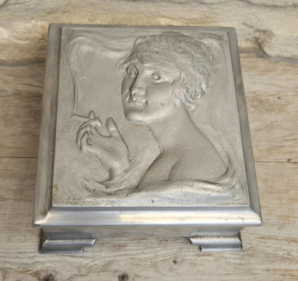 Art Nouveau Lady Aluminium Lidded Box Made in London England Stamped (1905-1924) 13.5cm Square X 6.5cm Tall Arts and Crafts Box
