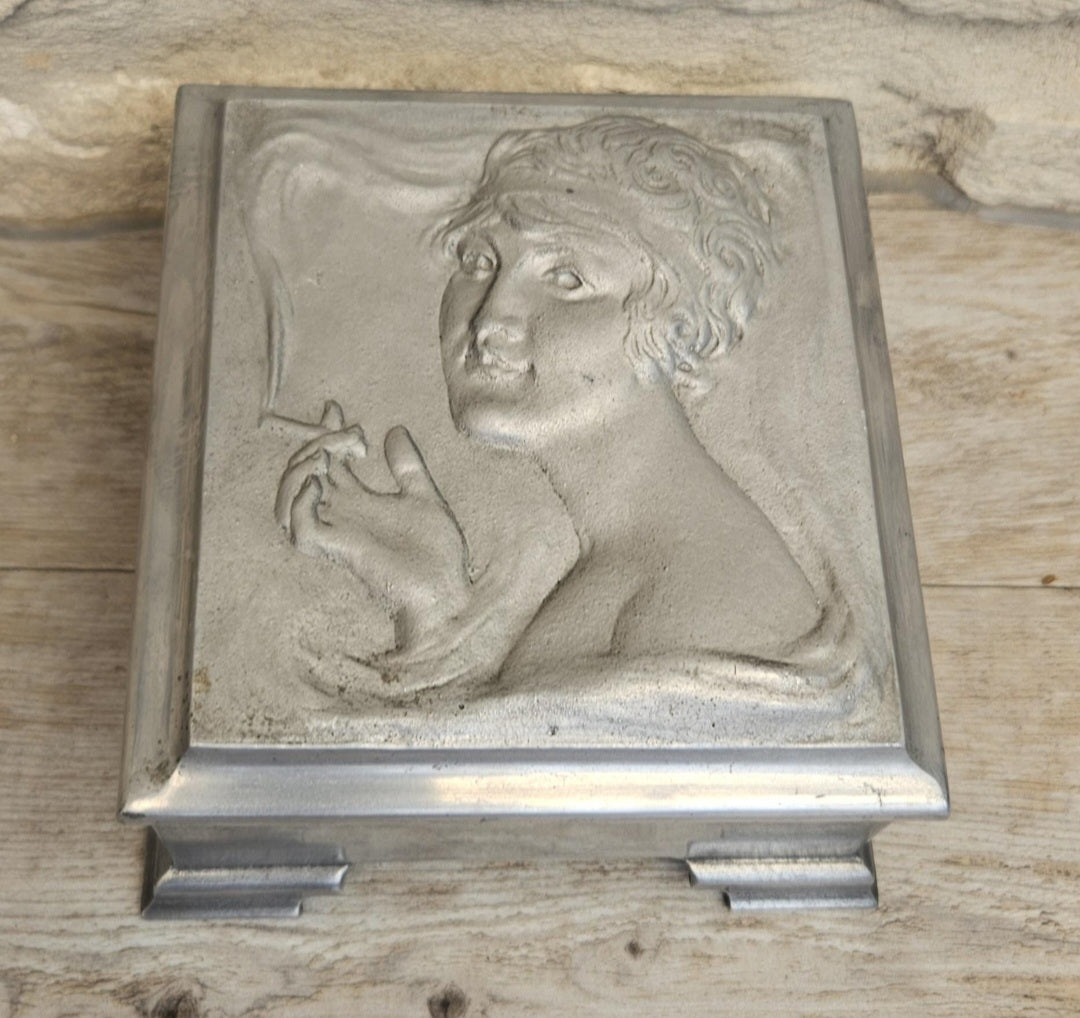 Art Nouveau Lady Aluminium Lidded Box Made in London England Stamped (1905-1924) 13.5cm Square X 6.5cm Tall Arts and Crafts Box