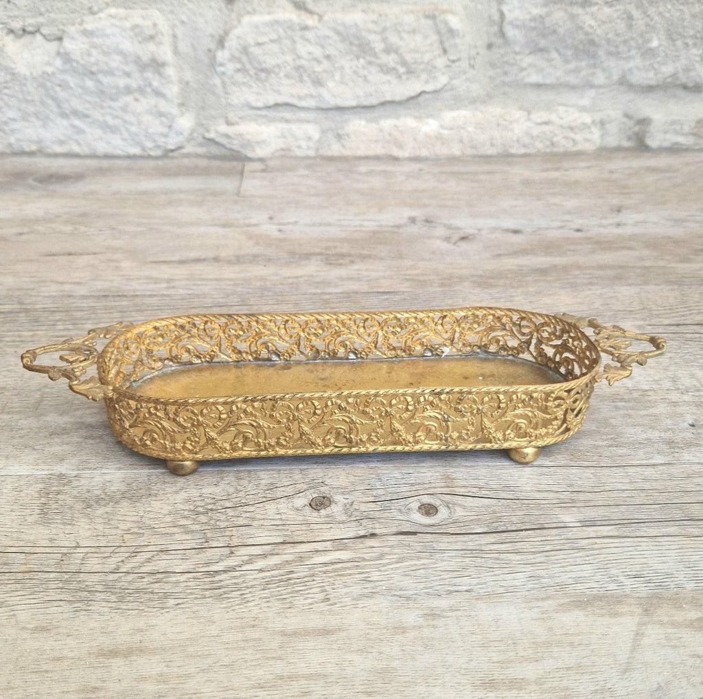 Antique Brass Filligree Rococo Style Desk Pen Tray Holder