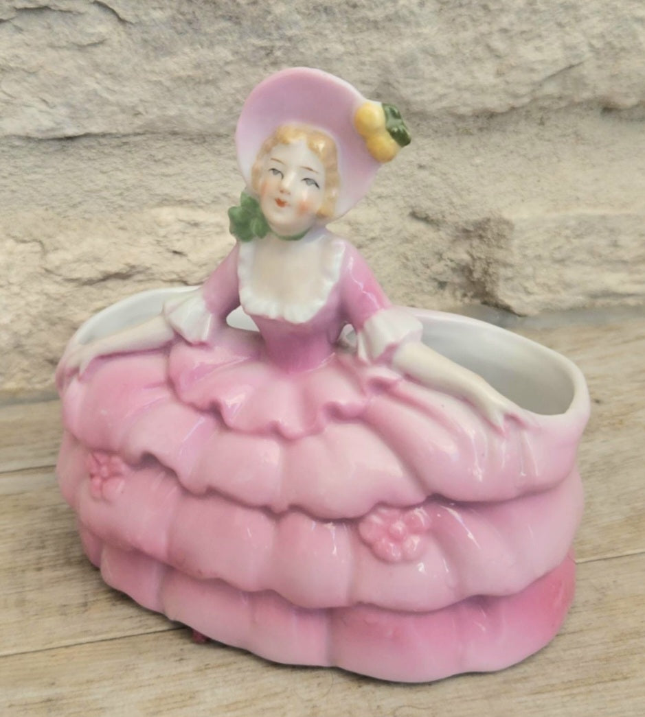 Antique Pink Lady Crinoline Dress Victorian Era Porcelain Dressing Table Decor Boudoir Figurine