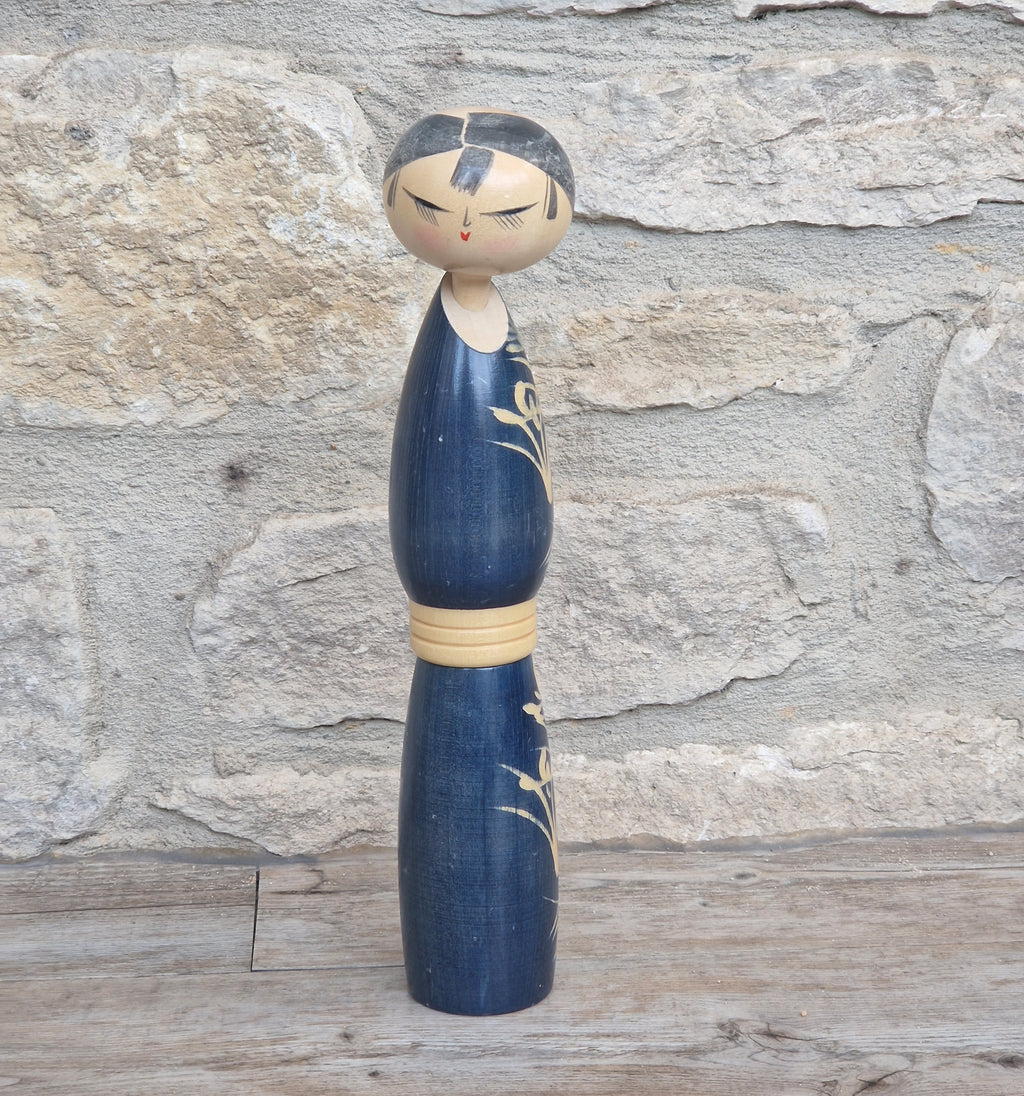 Vintage Japanese Sosaku Kokeshi Doll by Sato Suigai Signed Semishigure Blue Wooden Folk Art 25cm