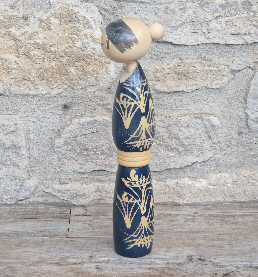 Vintage Japanese Sosaku Kokeshi Doll by Sato Suigai Signed Semishigure Blue Wooden Folk Art 25cm