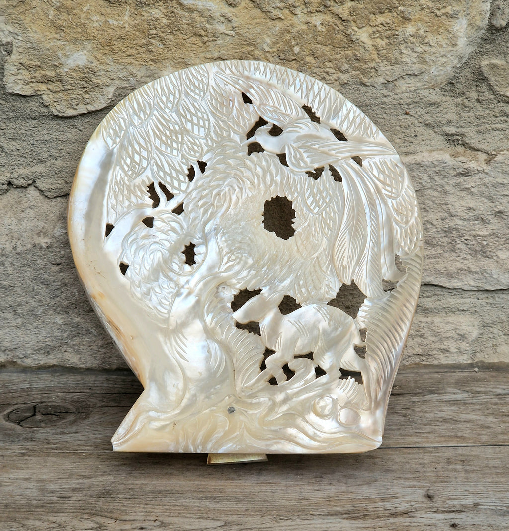 Vintage Chinese Carved Large Mother Of Pearl Shell Animal Birds Forest Scene