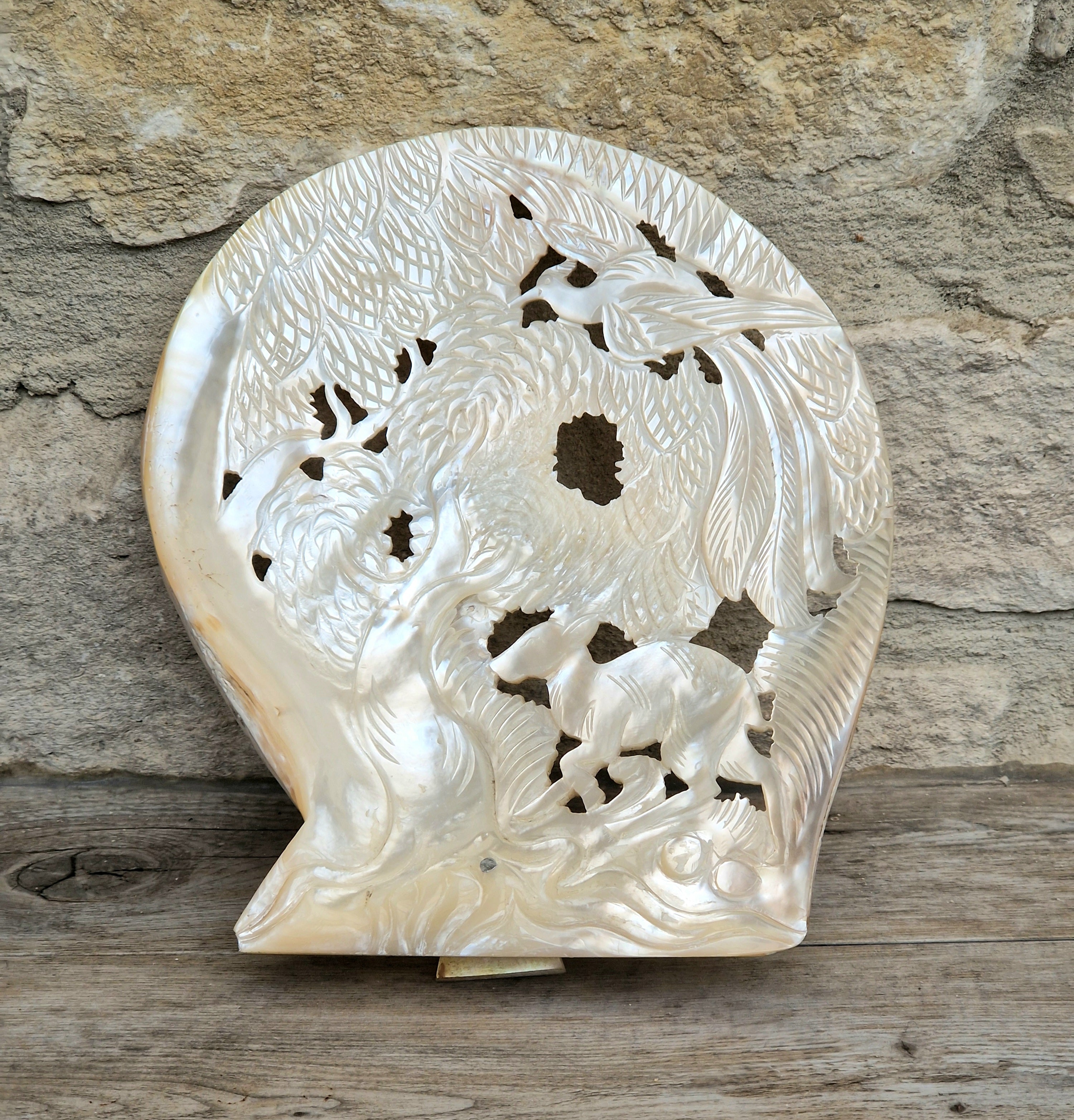 Vintage Chinese Carved Large Mother Of Pearl Shell Animal Birds Forest Scene