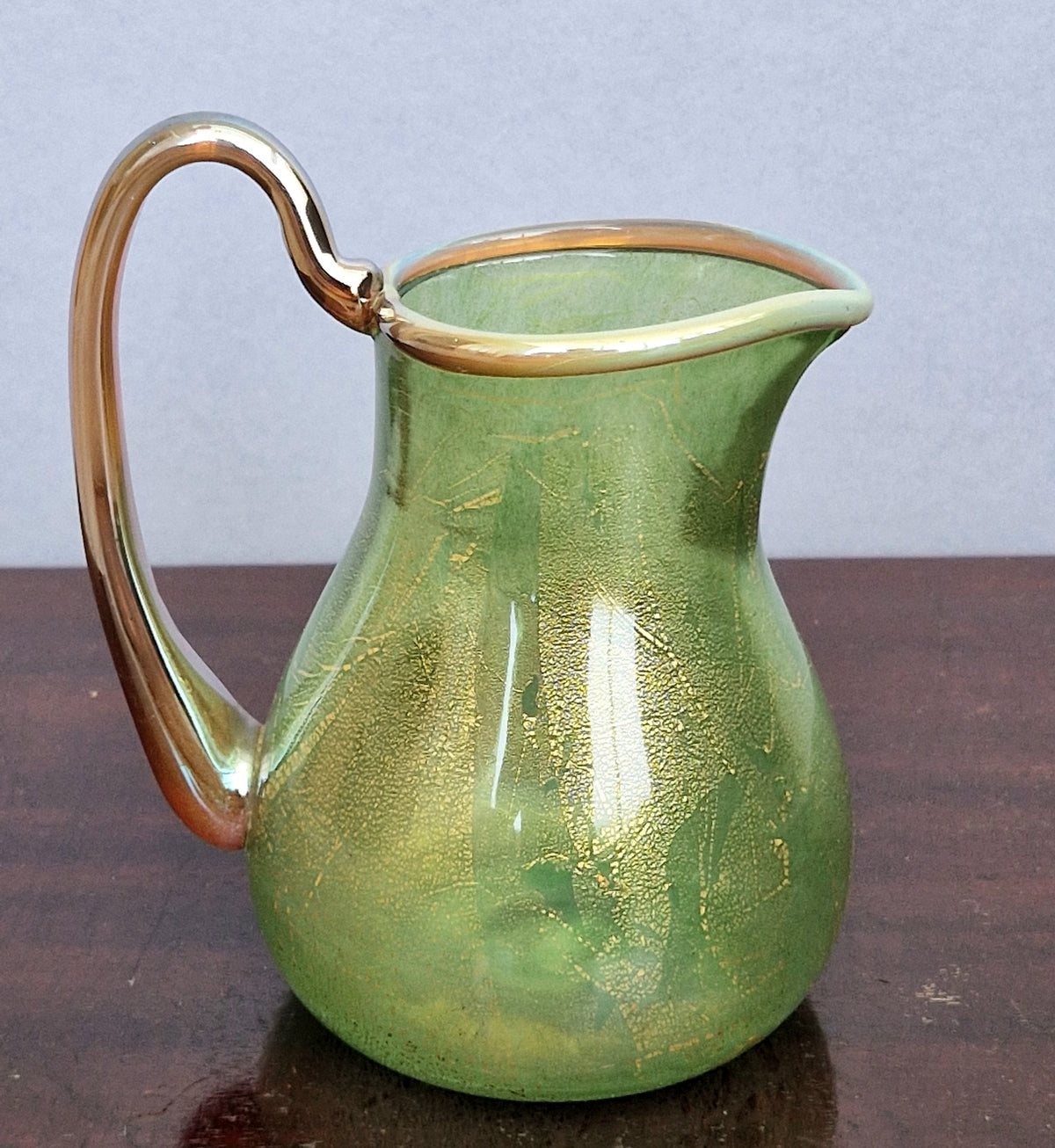 Antique Probable Salviati Dott. Murano Glass Jug, Green Gold Leaf, Venetian c.1875–1890, Handblown 13.5cm Rare