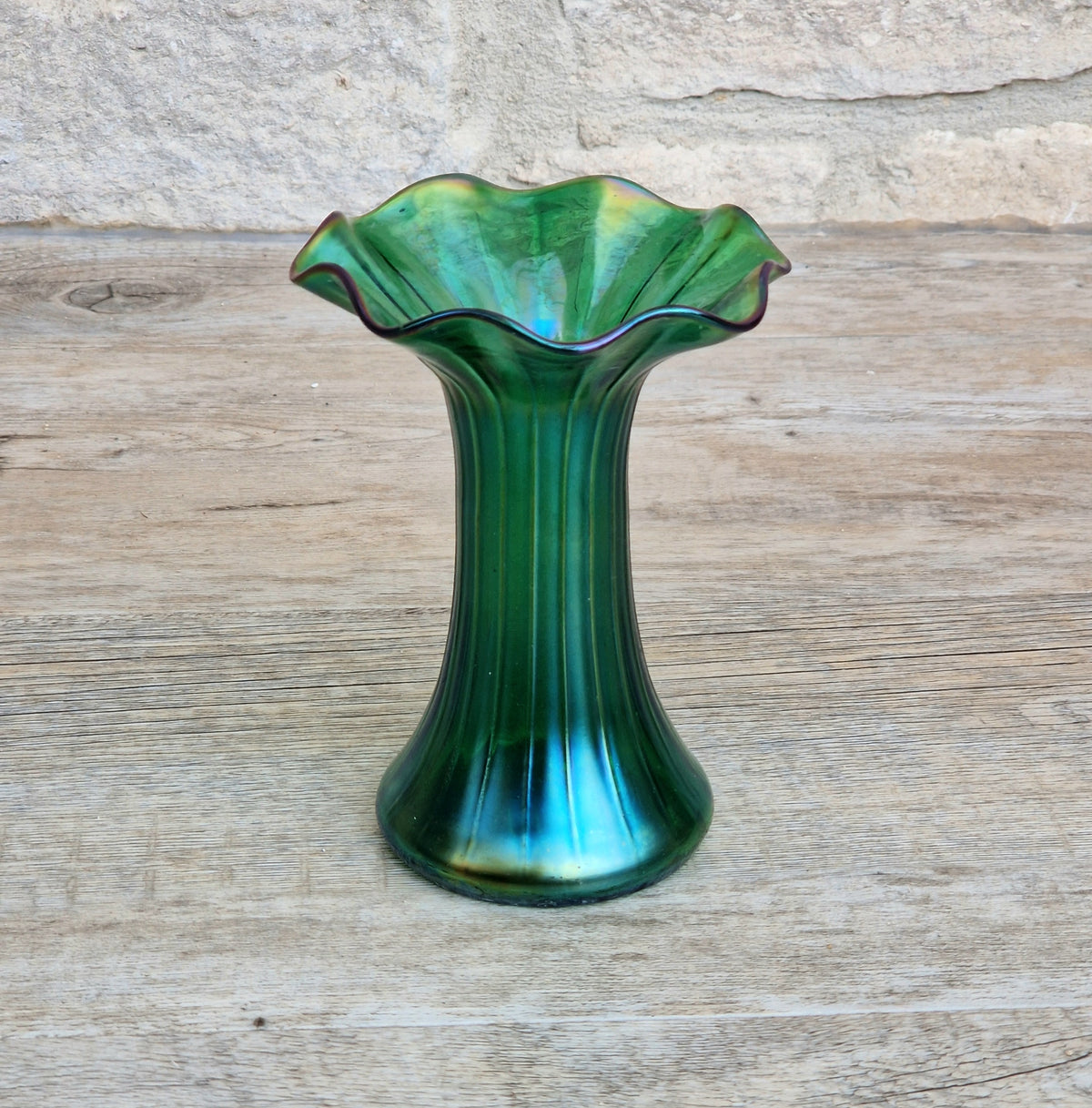 Antique Loetz Art Nouveau Creta Glatt Iridescent Green Glass Fluted Vase Polished Pontil c1900