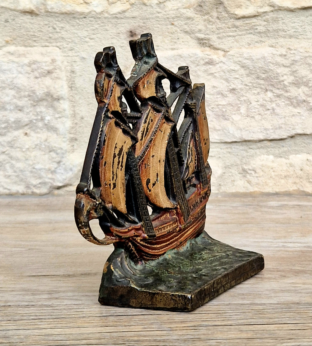 1920s Antique Sand Cast Bronze Mayflower Ship Bookend Paperweight Pattern 110 Original Paint
