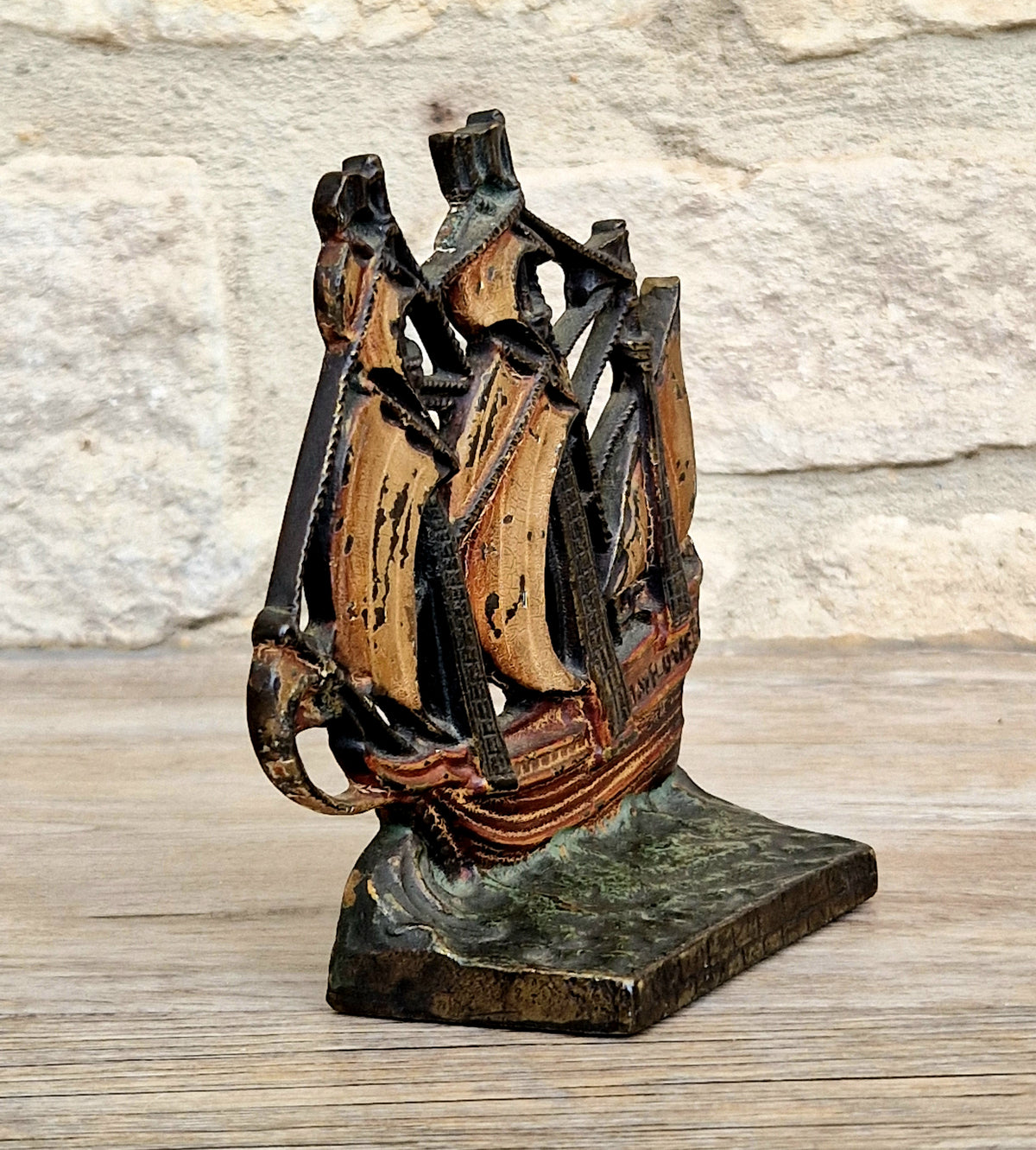 1920s Antique Sand Cast Bronze Mayflower Ship Bookend Paperweight Pattern 110 Original Paint