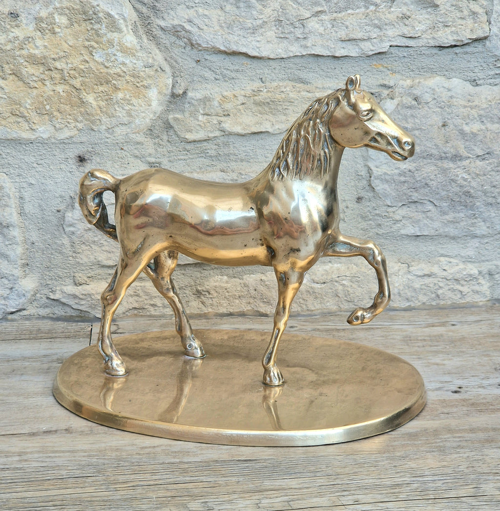 Vintage Solid Brass Horse Statue 22cm Large Heavy Equestrian Trotting Figurine On Base 1.9kg