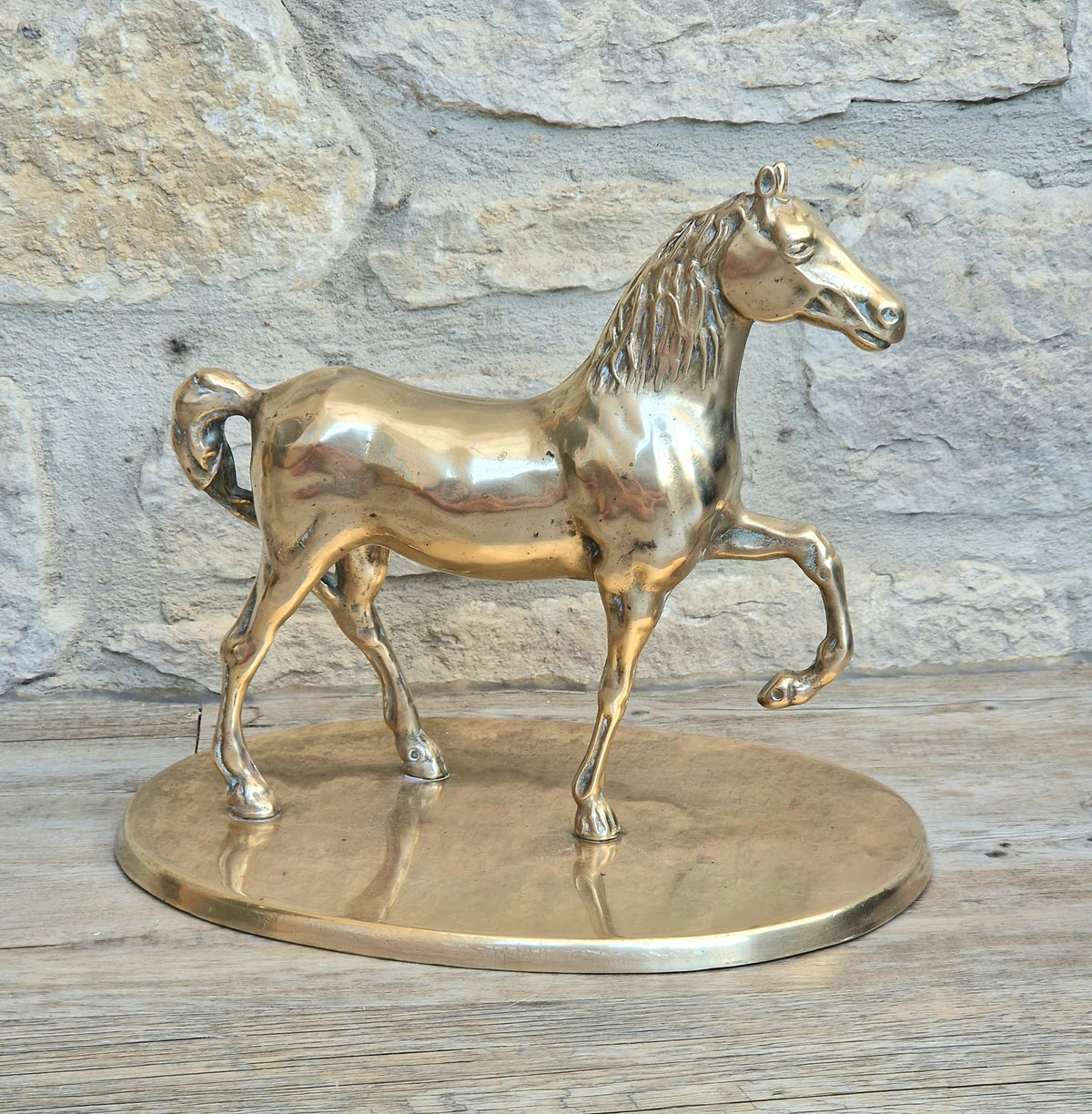 Vintage Solid Brass Horse Statue 22cm Large Heavy Equestrian Trotting Figurine On Base 1.9kg