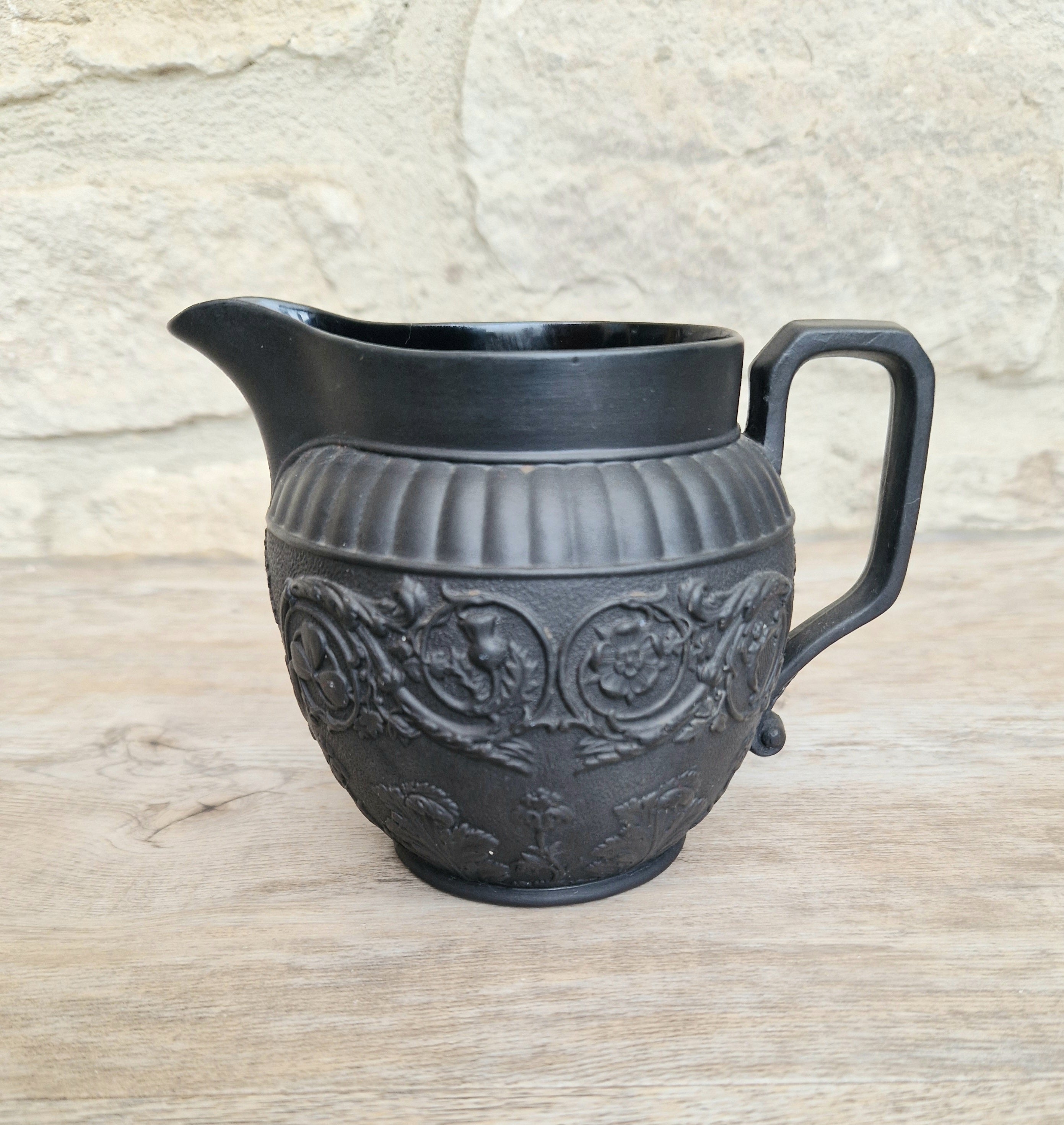Antique Wedgwood Black Basalt Union Jug Creamer Pitcher Four Home Nations Relief Molded