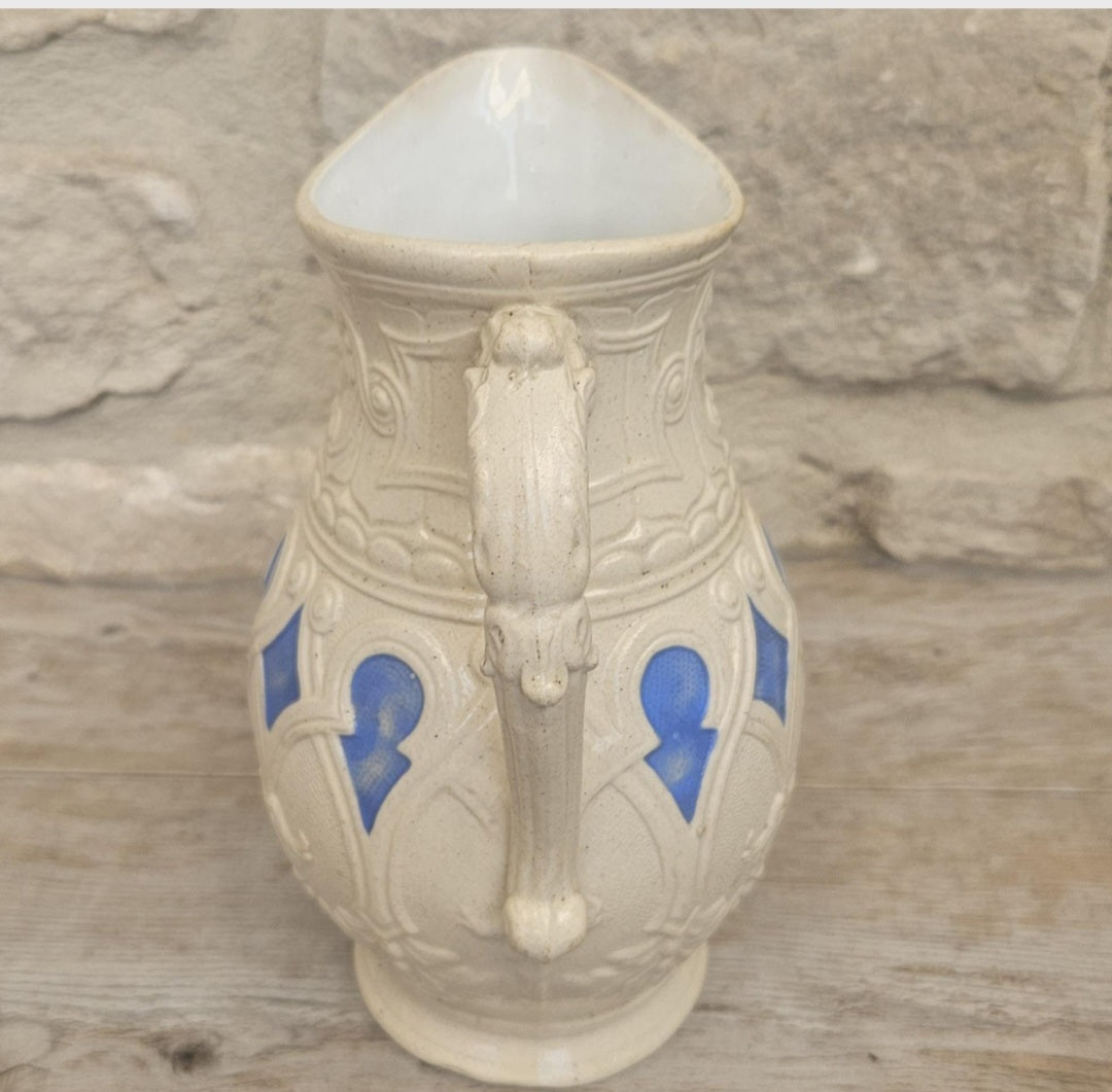 Antique Victorian Parian Ware Jug Blue Cream Pitcher Decorative Aesthetic Movement Collectible Cottage Decor