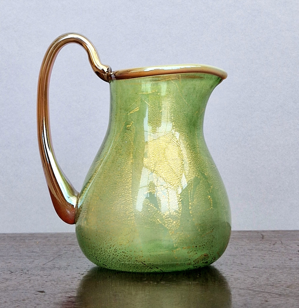 Antique Probable Salviati Dott. Murano Glass Jug, Green Gold Leaf, Venetian c.1875–1890, Handblown 13.5cm Rare