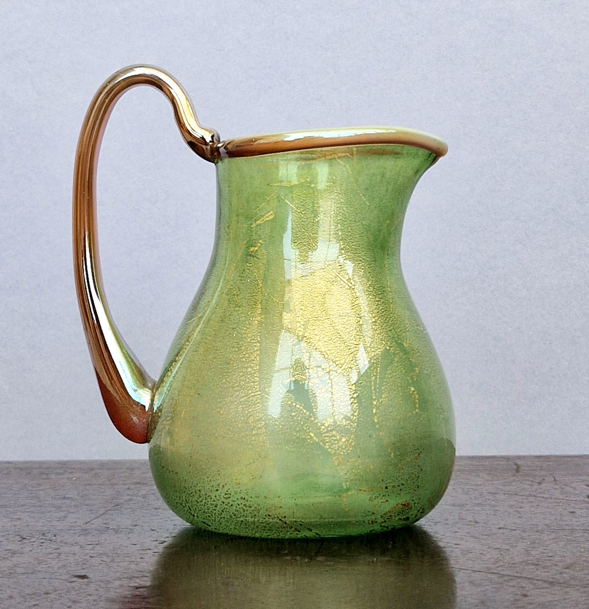 Antique Probable Salviati Dott. Murano Glass Jug, Green Gold Leaf, Venetian c.1875–1890, Handblown 13.5cm Rare