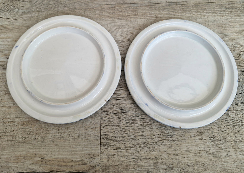 Pair of Rare Antique Trivets Gilt Blue & White Hawthorn Pattern Round Stoneware Trivets 17cm
