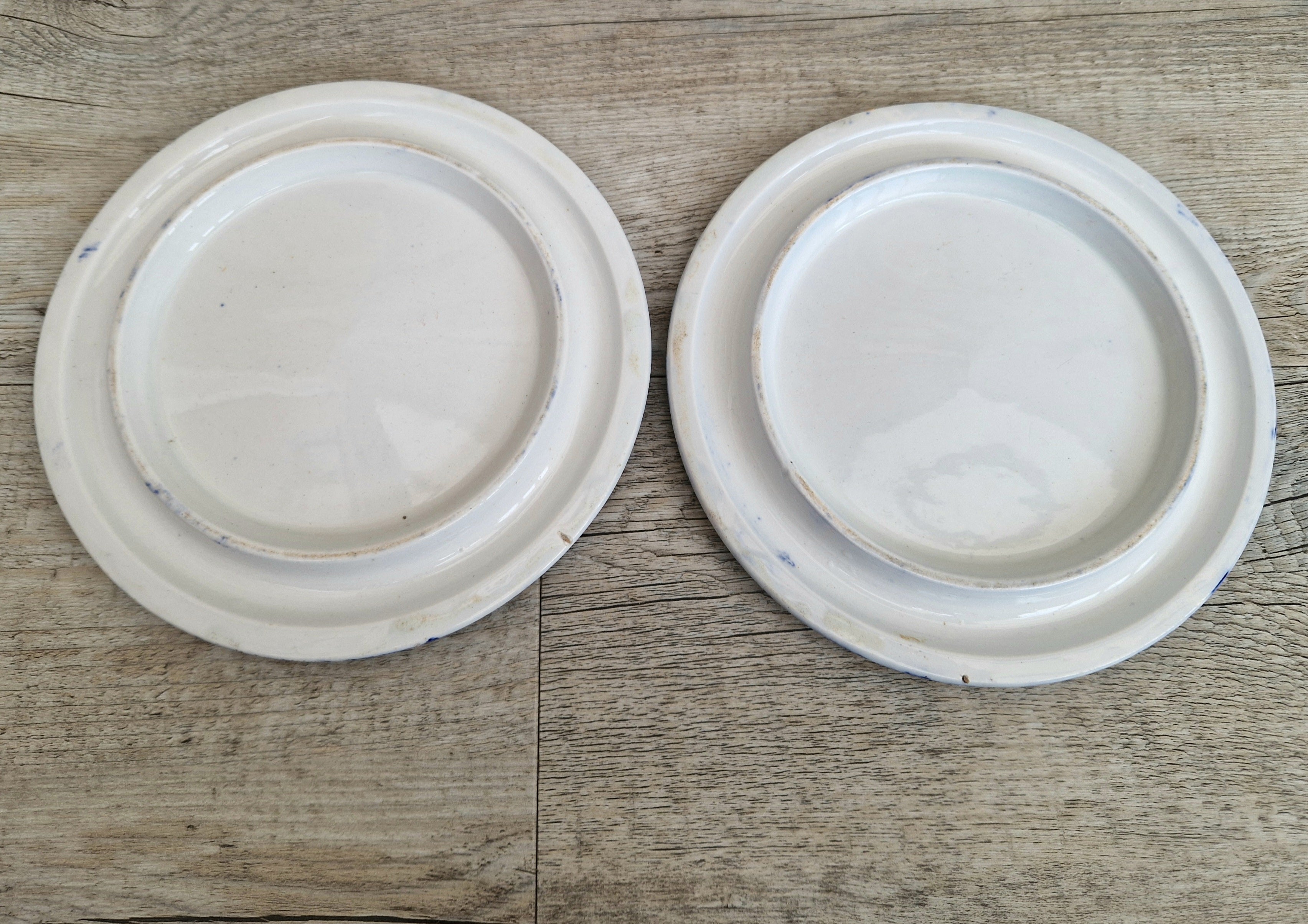 Pair of Rare Antique Trivets Gilt Blue & White Hawthorn Pattern Round Stoneware Trivets 17cm