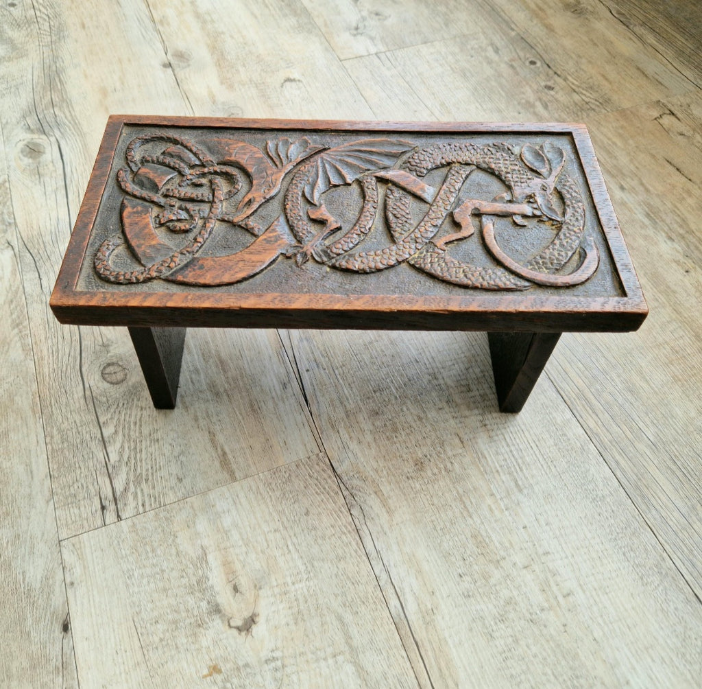 Antique Oak Dragon Foot Stool Carved Celtic Design, Rustic Foldable Furniture