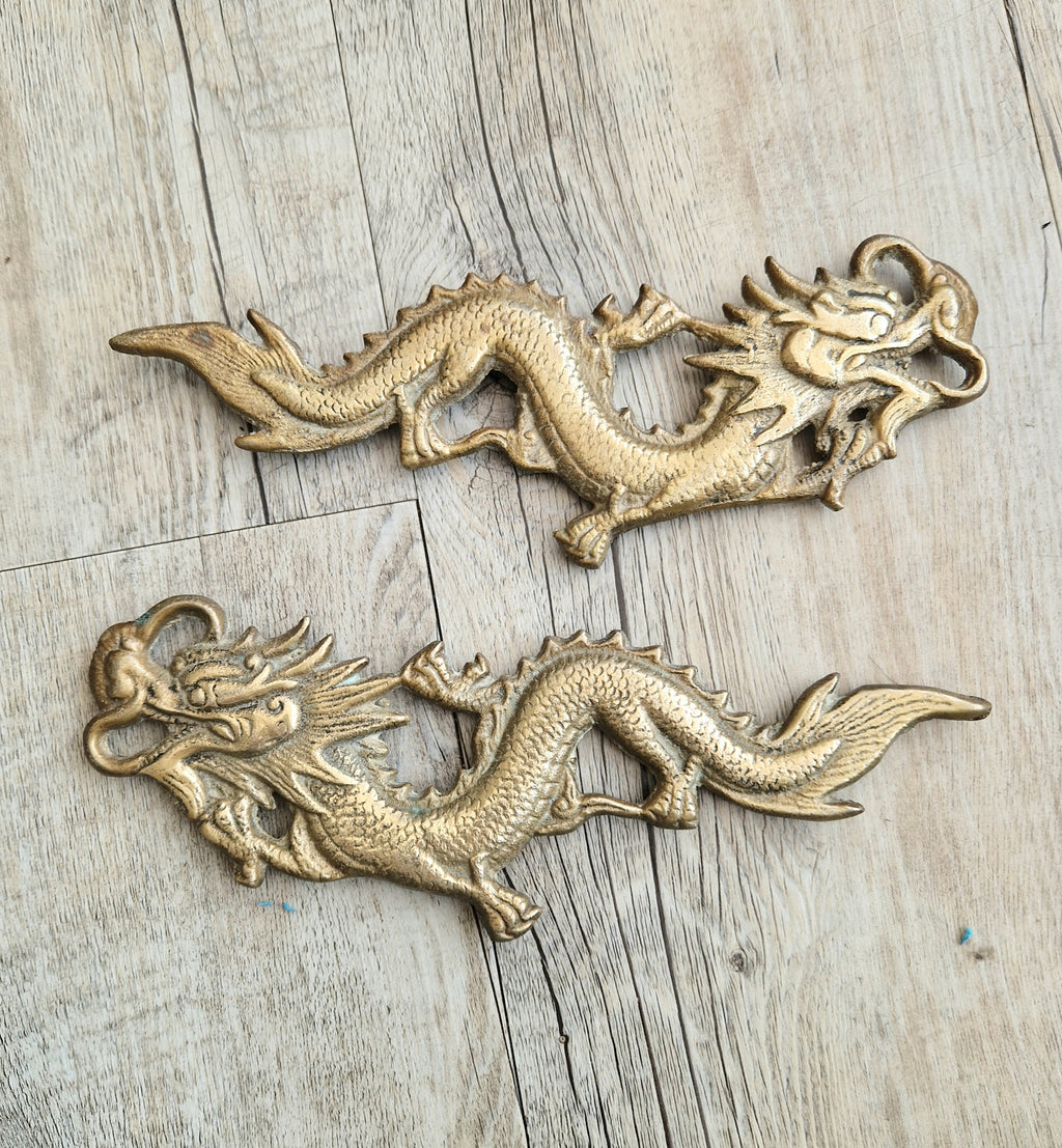 Pair Of Antique Heavy Cast Brass Chinese Dragons Wall Decoration or Door Pulls 22cm