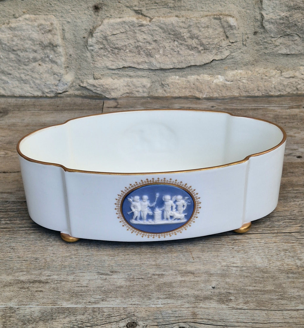 Vintage Vista Alegre Footed Centerpiece, White and Gold Porcelain Scalloped Planter Bowl Blue Jasperware Cherub Cameo