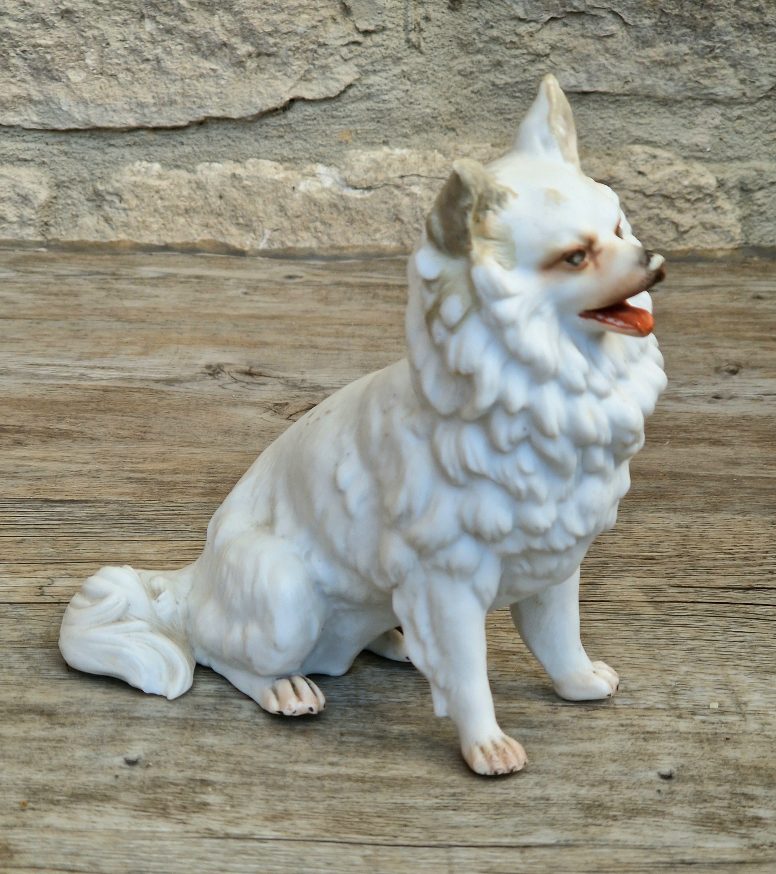 Antique Heubach Bisque Sitting Panting Spitz Dog: German Figure, Circa 1864-1880