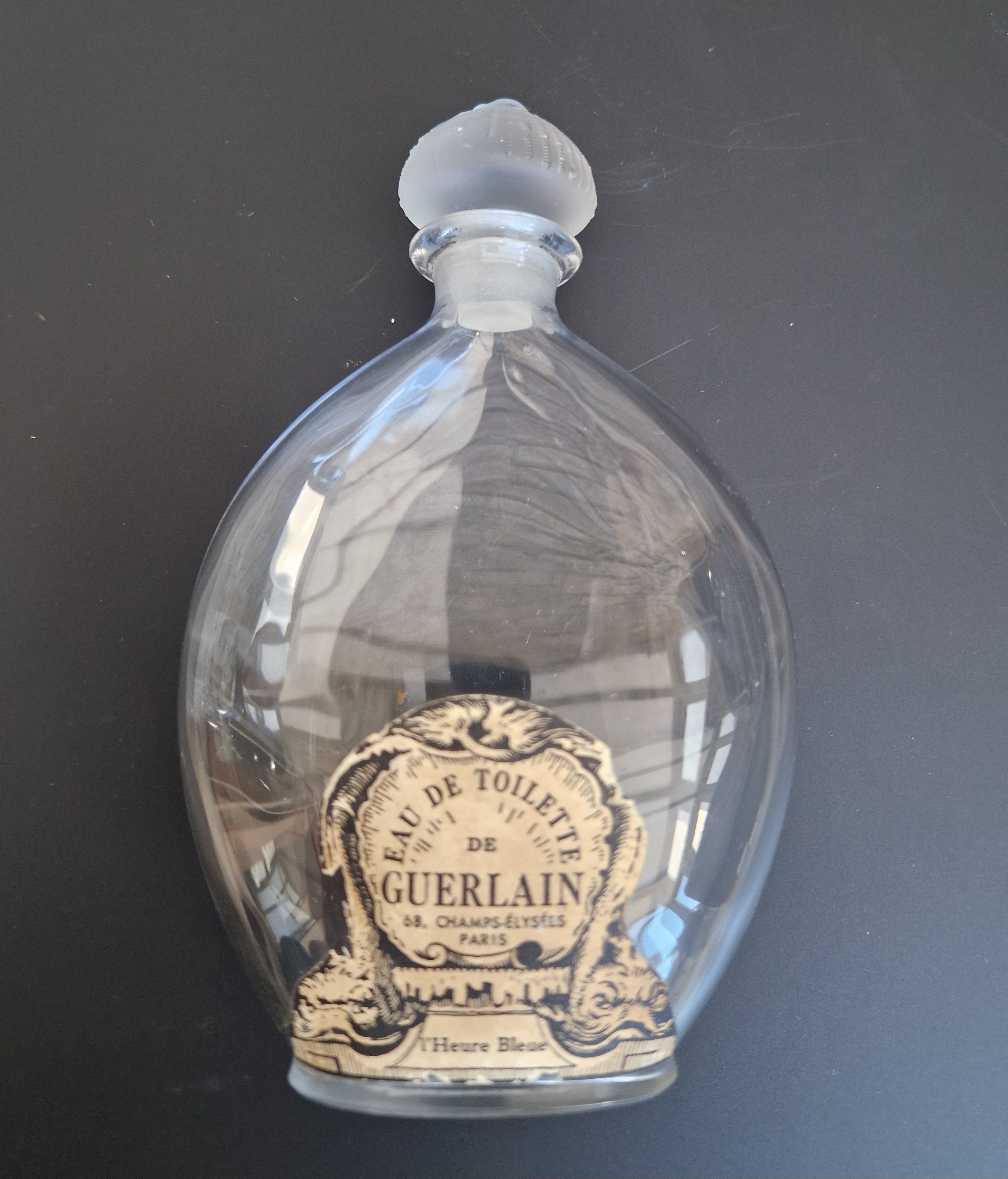 Guerlain Glass Perfume Bottle Dolphin Paper Label Frosted Stopper L'Heure Bleue 'Flacon Goutte' Empty 16.5cm