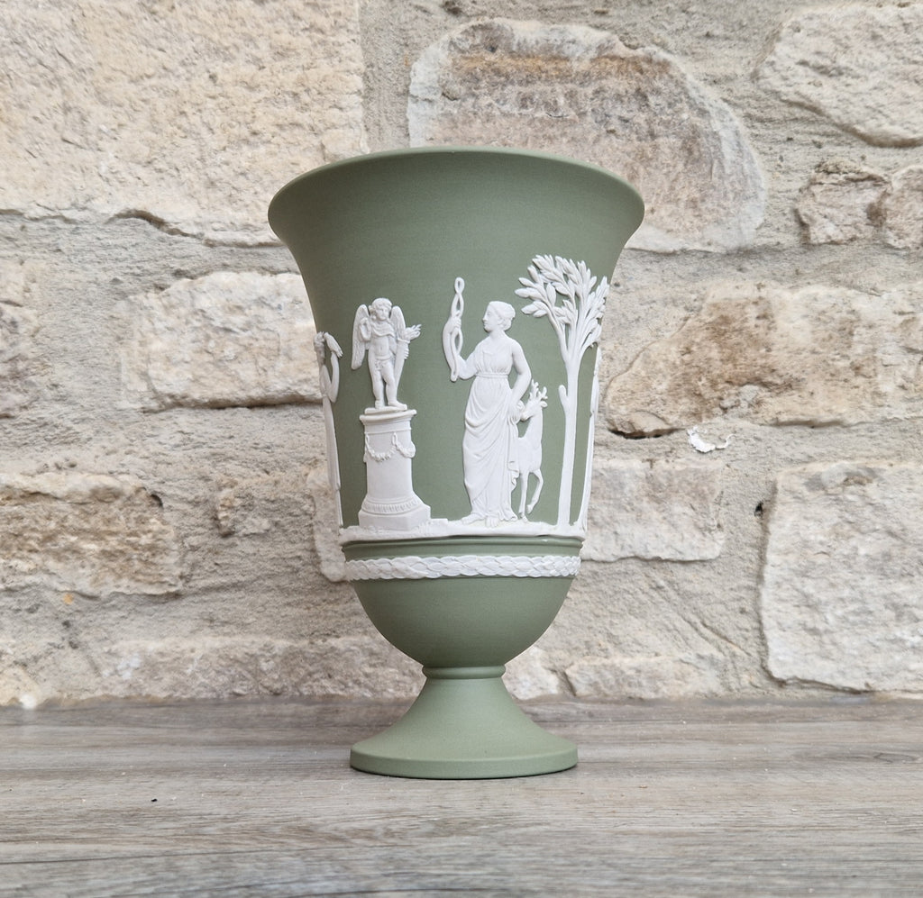 Wedgwood Sage Green Jasperware Arcadian Pedestal Trumpet Mantle Vase - Vintage.Made in England 17cm Tall