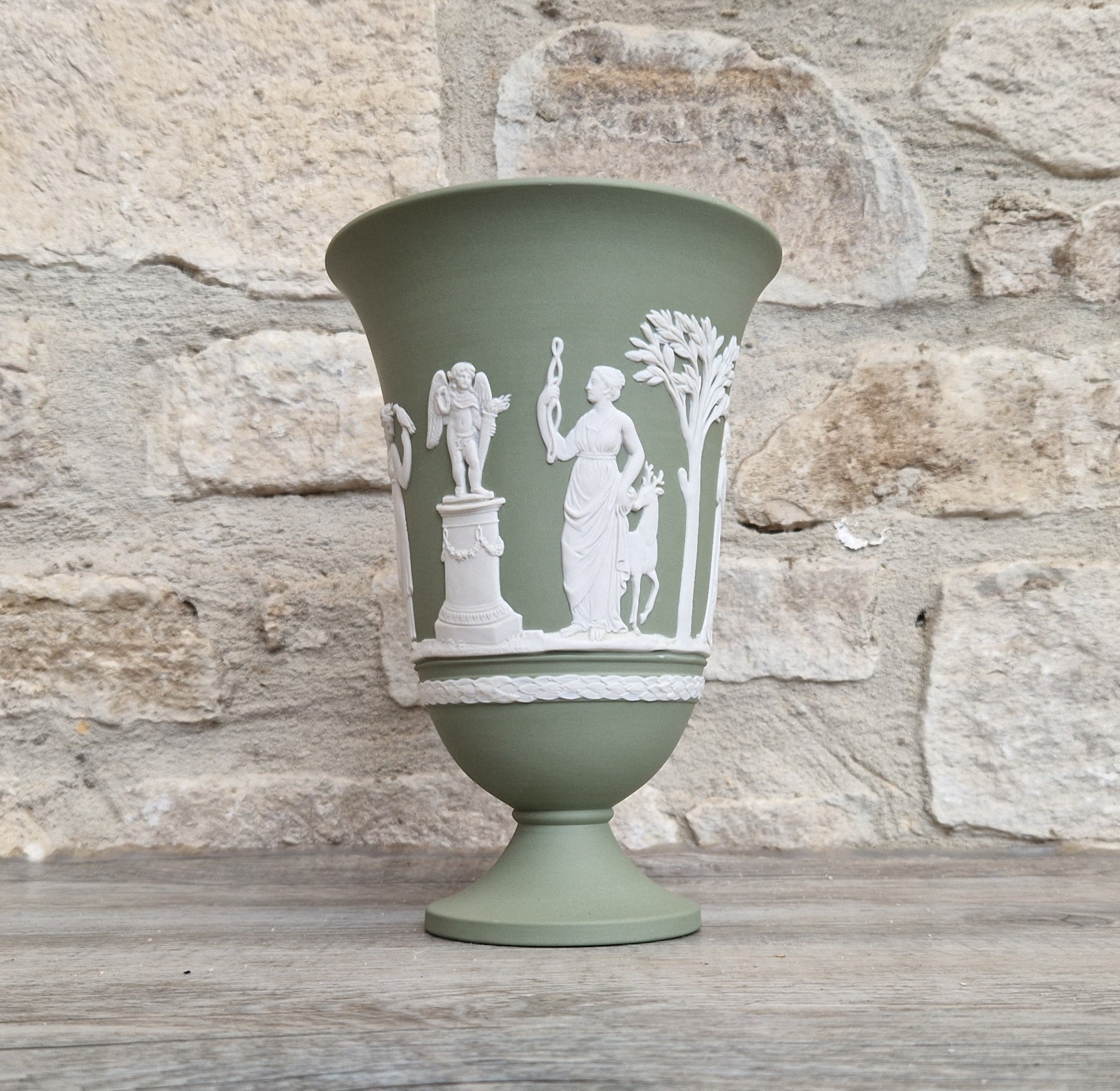Wedgwood Sage Green Jasperware Arcadian Pedestal Trumpet Mantle Vase - Vintage.Made in England 17cm Tall