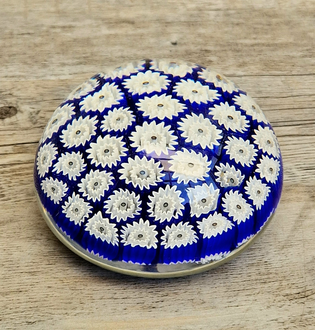 ALT Studio Murano Glass Deep Blue & White Star Flower Millifiore Paperweight