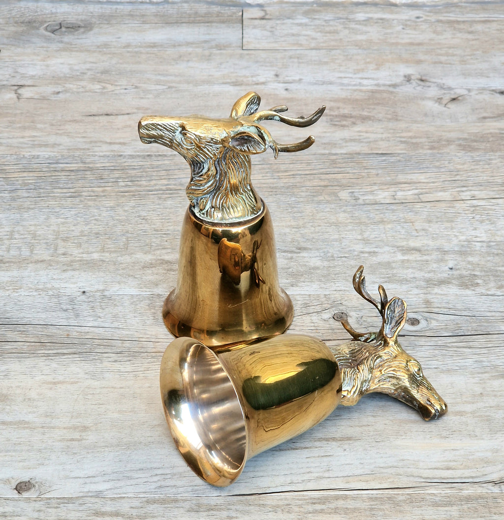 Pair Vintage Brass Stag Stirrup Cups Silver Plated Interiors Naturally Patinated Hunting Barware 1970s