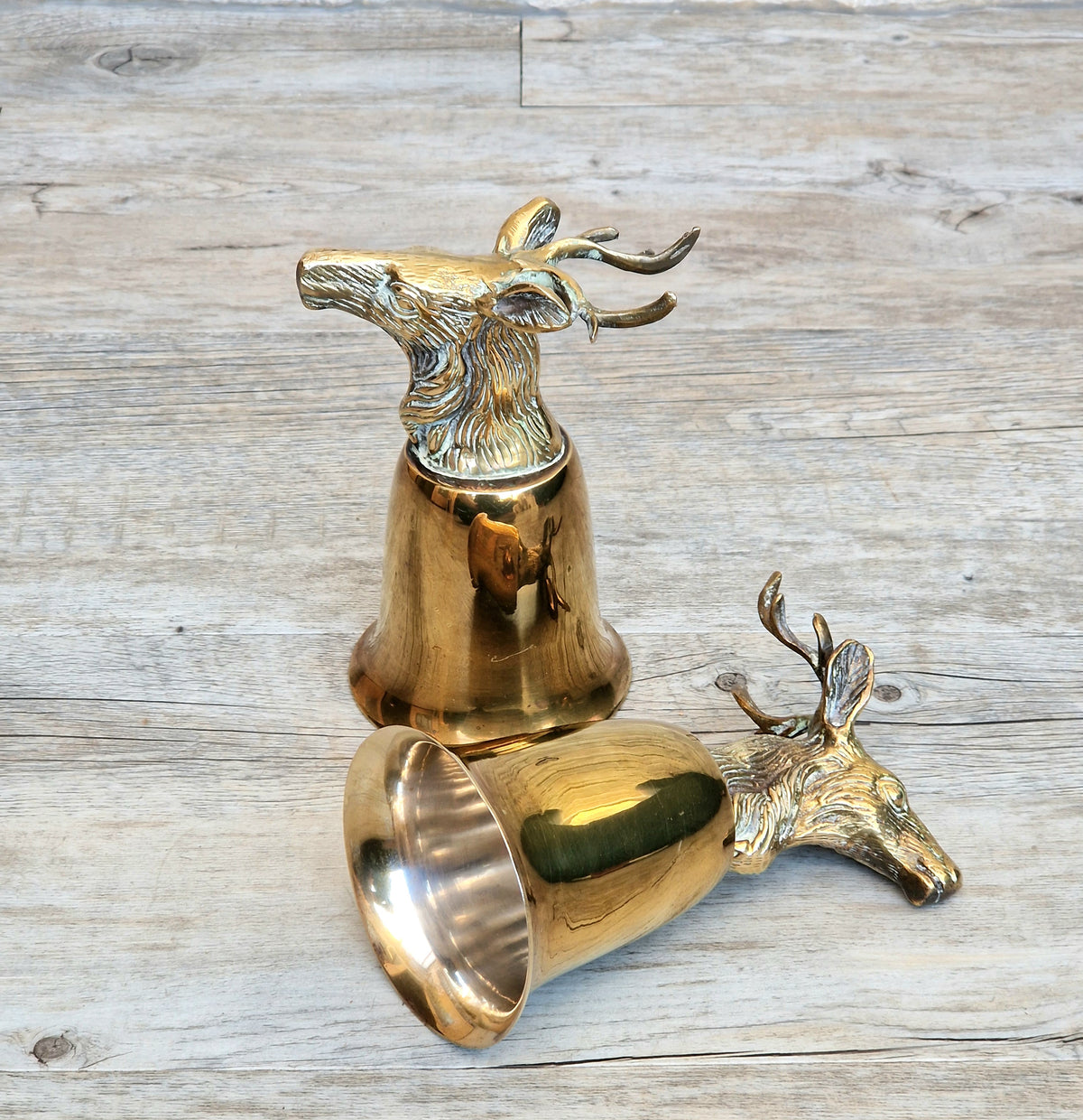 Pair Vintage Brass Stag Stirrup Cups Silver Plated Interiors Naturally Patinated Hunting Barware 1970s