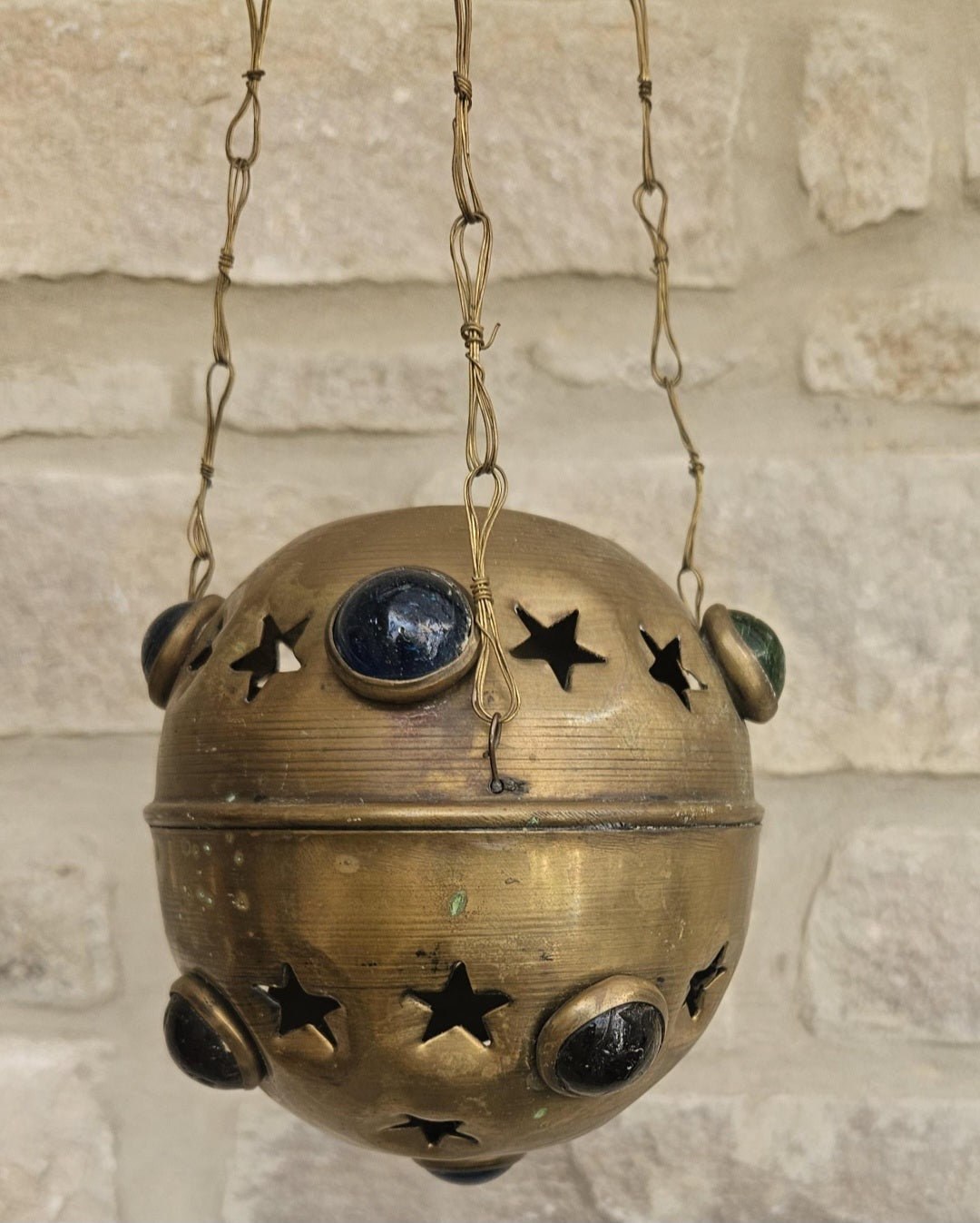 Vintage Pierced Brass Hanging Lantern with cabouchon verdigris Bohemian Moroccan
